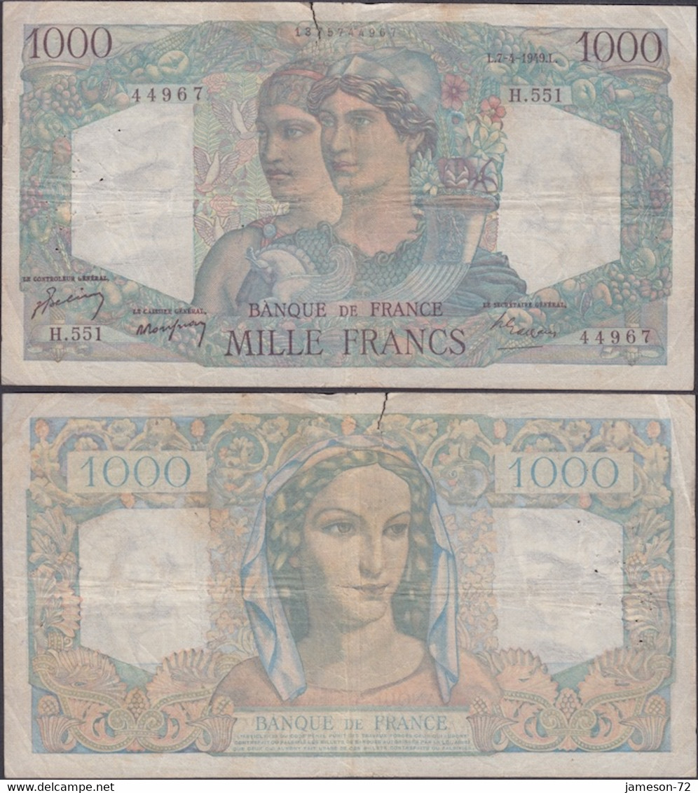 FRANCE - 1000 Francs 1949 P# 130b Europe Banknote - Edelweiss Coins - 1 000 F 1945-1950 ''Minerve Et Hercule''