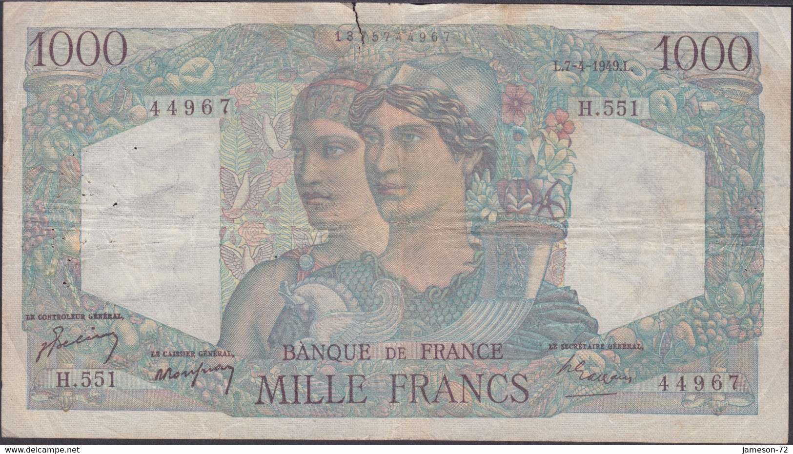 FRANCE - 1000 Francs 1949 P# 130b Europe Banknote - Edelweiss Coins - 1 000 F 1945-1950 ''Minerve Et Hercule''