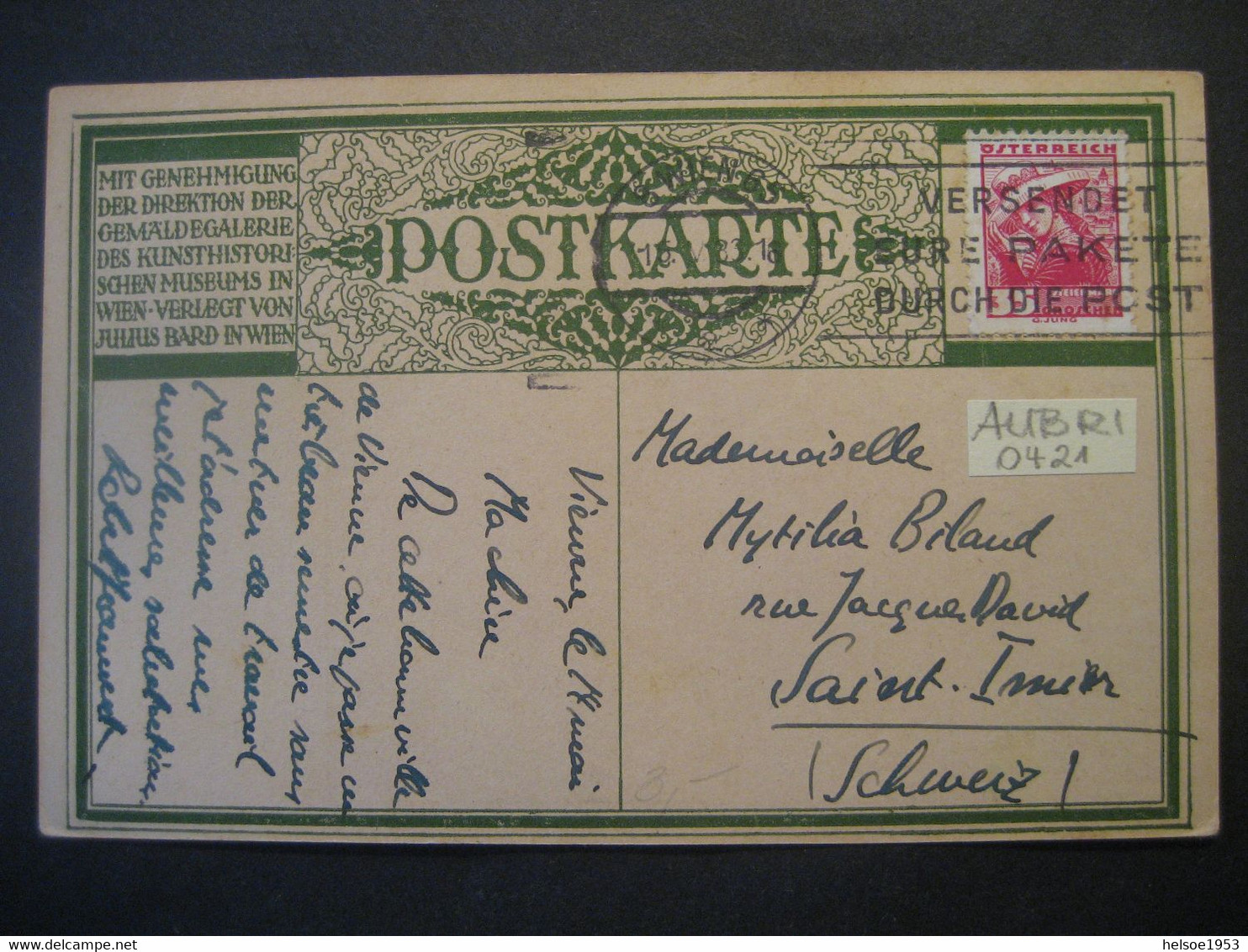 Österreich 1933- Kunst-Postkarte Gelaufen Mit Mi. 578 Von Wien In Die Schweiz - Altri & Non Classificati