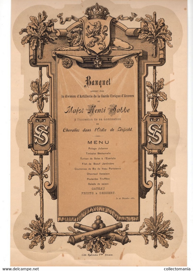 1 Carte Menu Banquet Au Major Henri Sabbe Nomination  Dans L'Ordre De Léopold  1880  Lith. Ratinckx Fr. - Porcelana