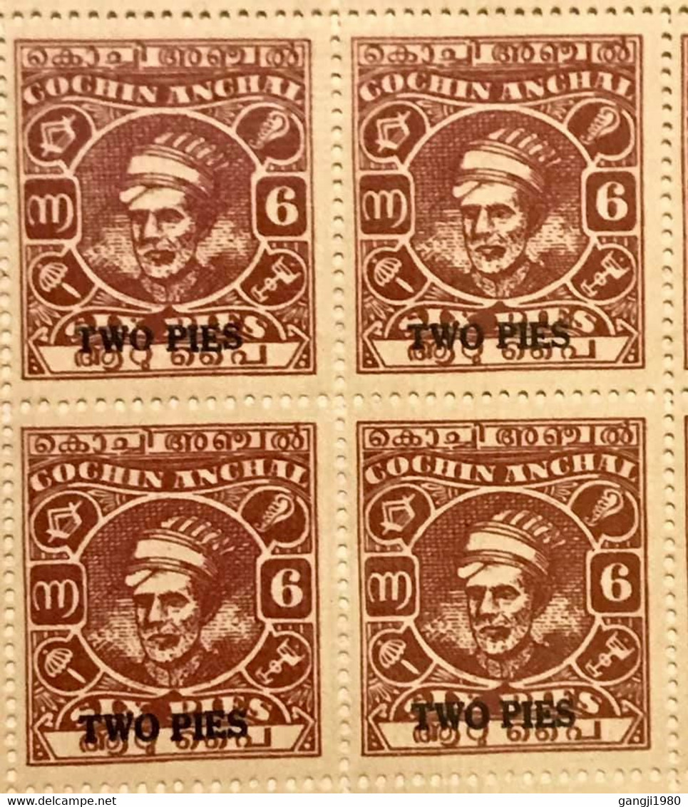 COCHIN ANCHEL MNH BLOCK OF 4 6 Pies Overprinted 2 PIES MNH . - Cochin