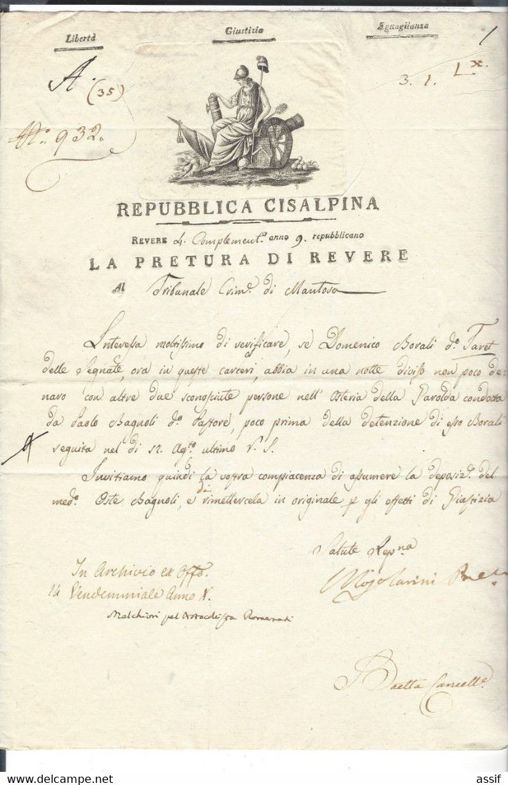 REPUBBLICA CISALPINA Revere 4 Complem. Anno 9 ( 21.9.1801 ) Pretura Al Tribunale Criminale Di Mantova - Documents Historiques