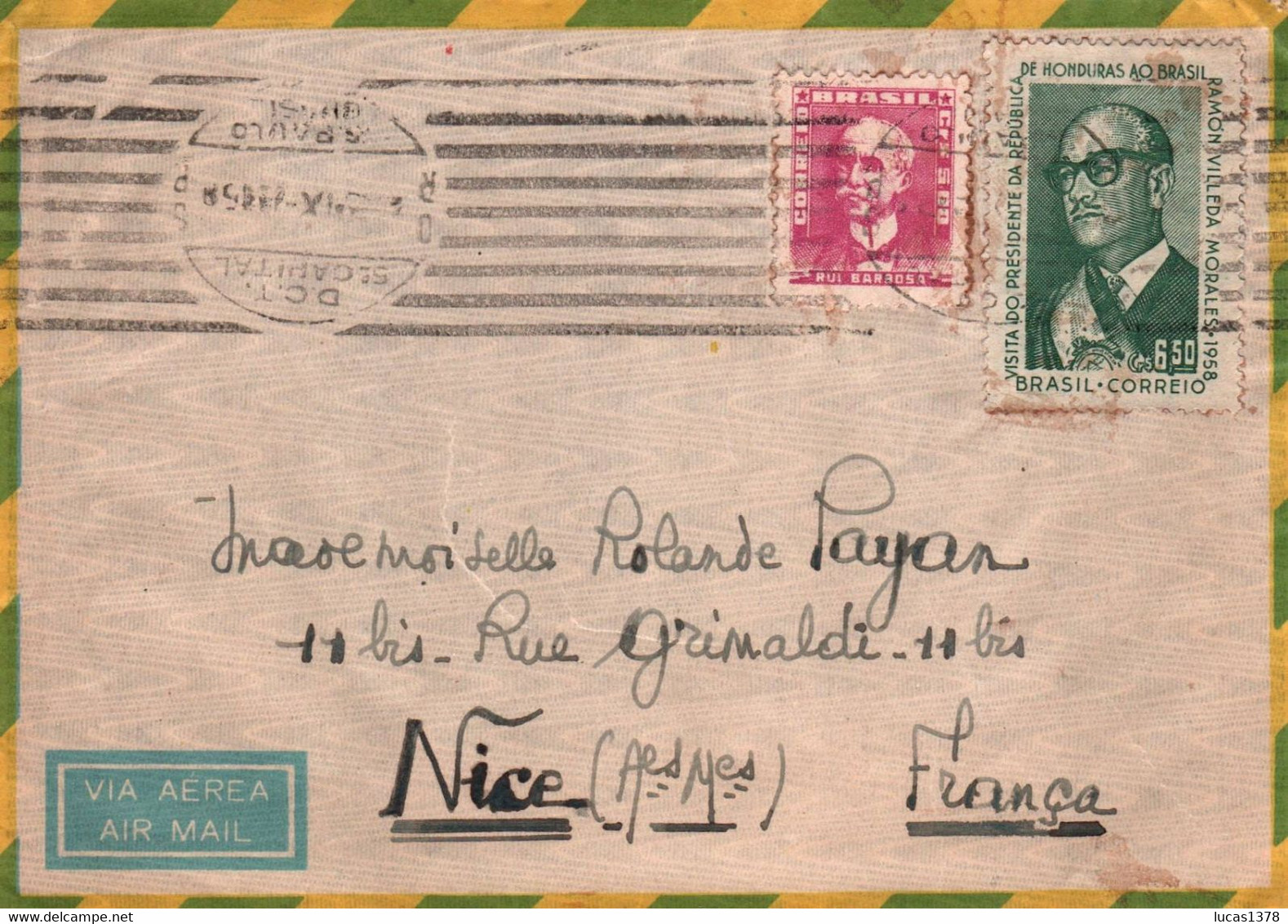 BRASIL / 1961 FOR NICE FRANCE  / VIA AEREA / AIR MAIL / PICTURE ON BACK / NICE STAMPS - Storia Postale