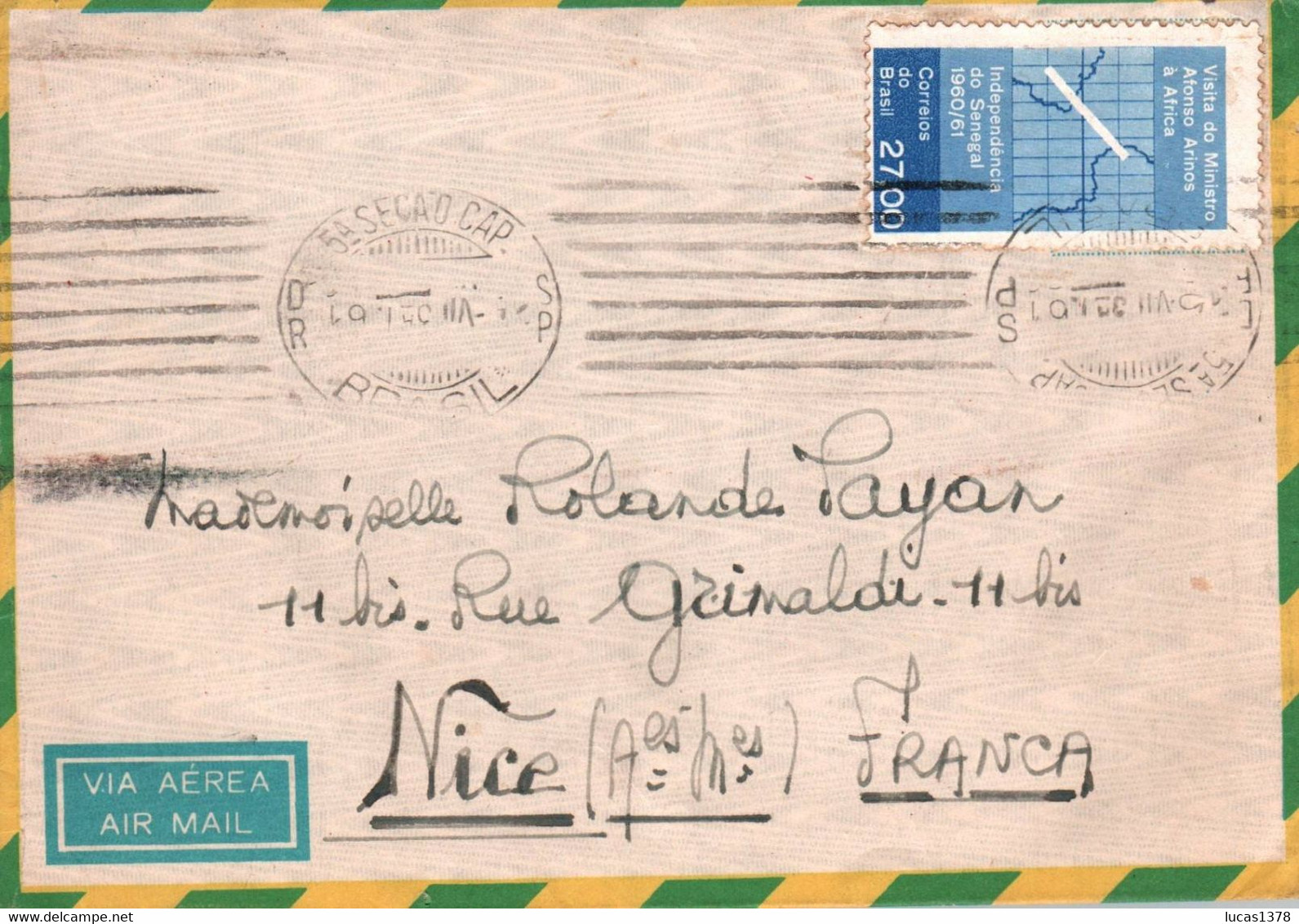 BRASIL / 1961 FOR NICE FRANCE  / VIA AEREA / AIR MAIL / PICTURE ON BACK / NICE STAMPS - Lettres & Documents