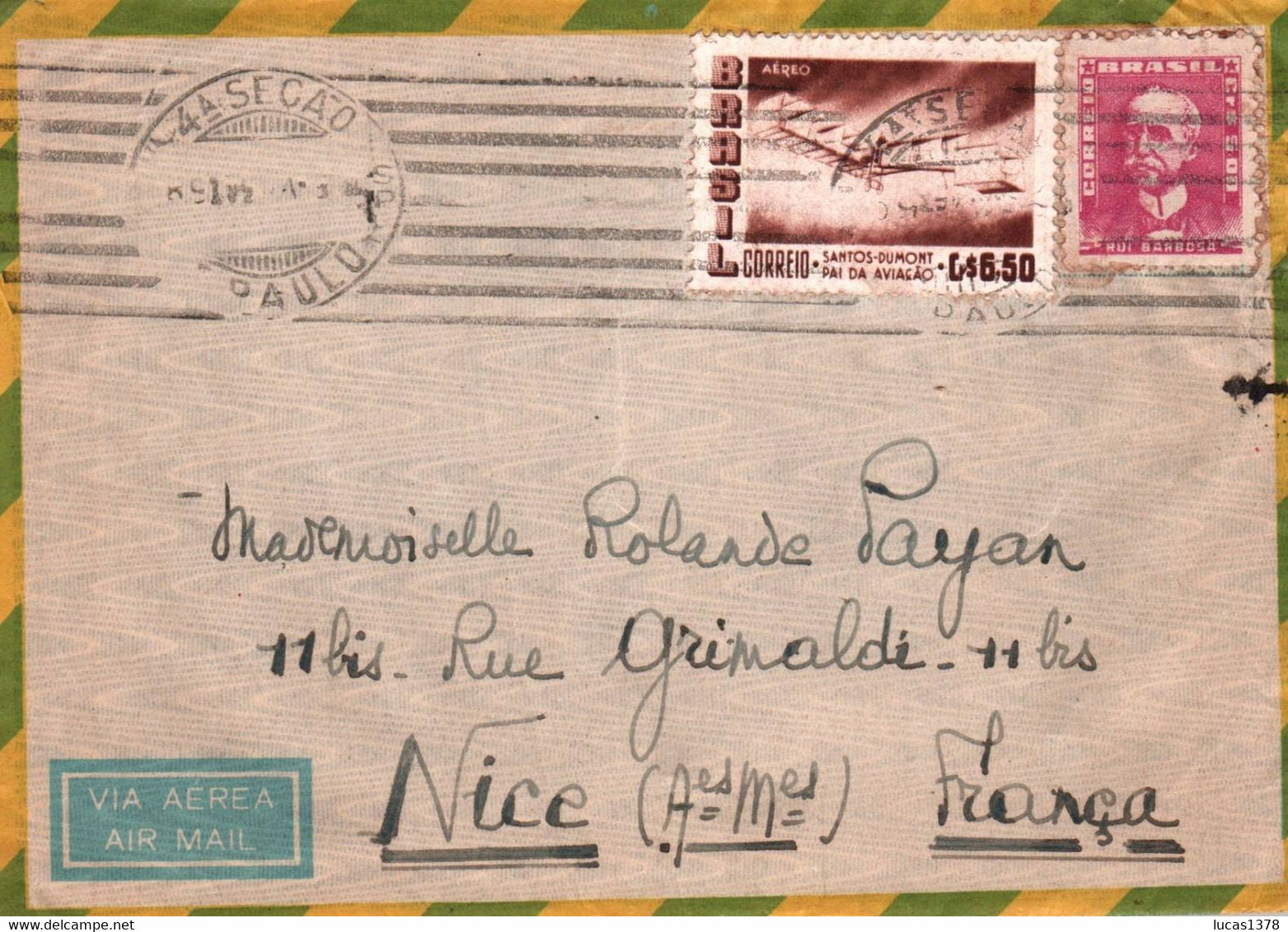 BRASIL / 1961 FOR NICE FRANCE  / VIA AEREA / AIR MAIL / PICTURE ON BACK / NICE STAMPS - Covers & Documents