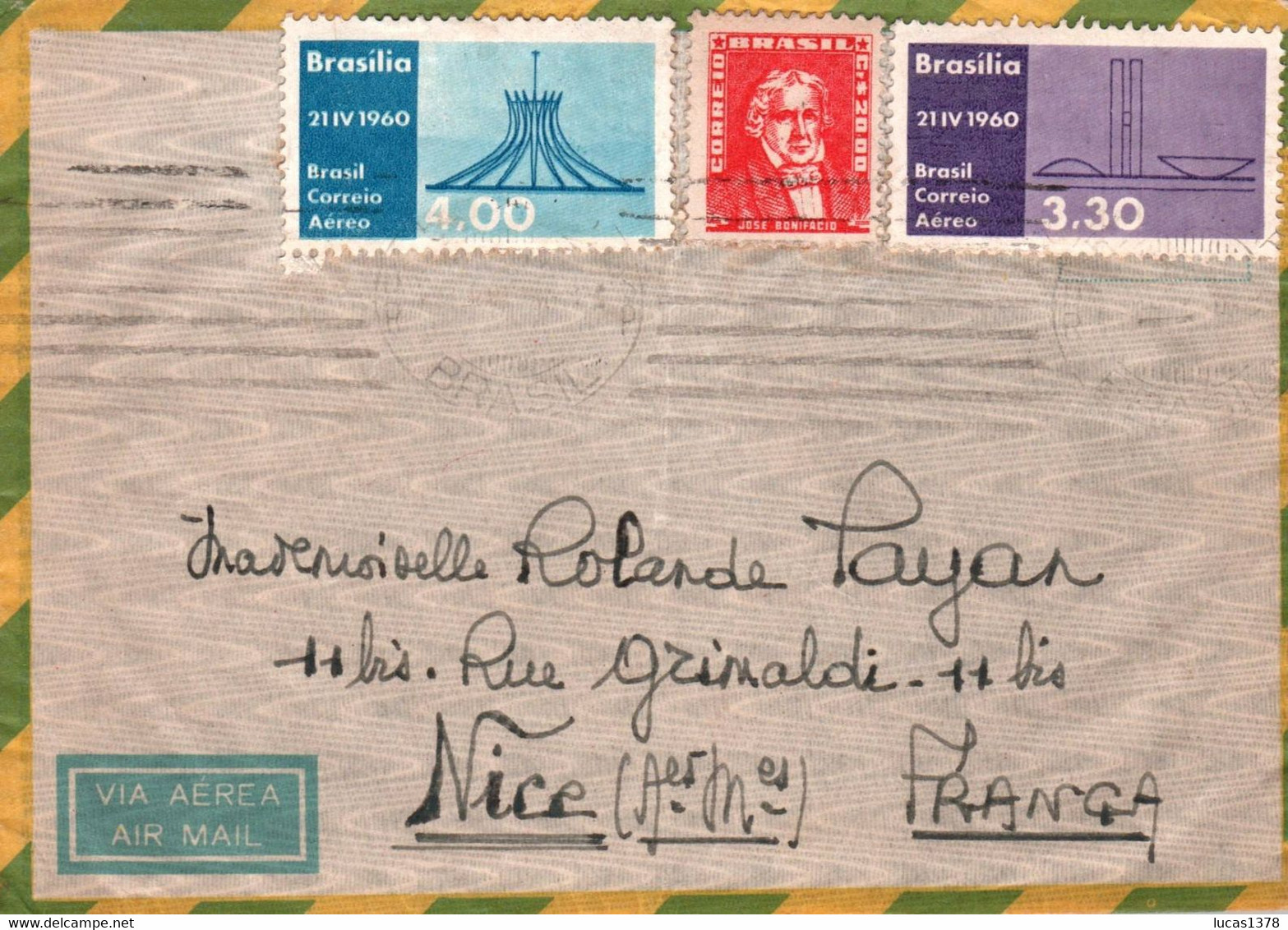 BRASIL / 1961 FOR NICE FRANCE  / VIA AEREA / AIR MAIL / PICTURE ON BACK / NICE STAMPS - Covers & Documents