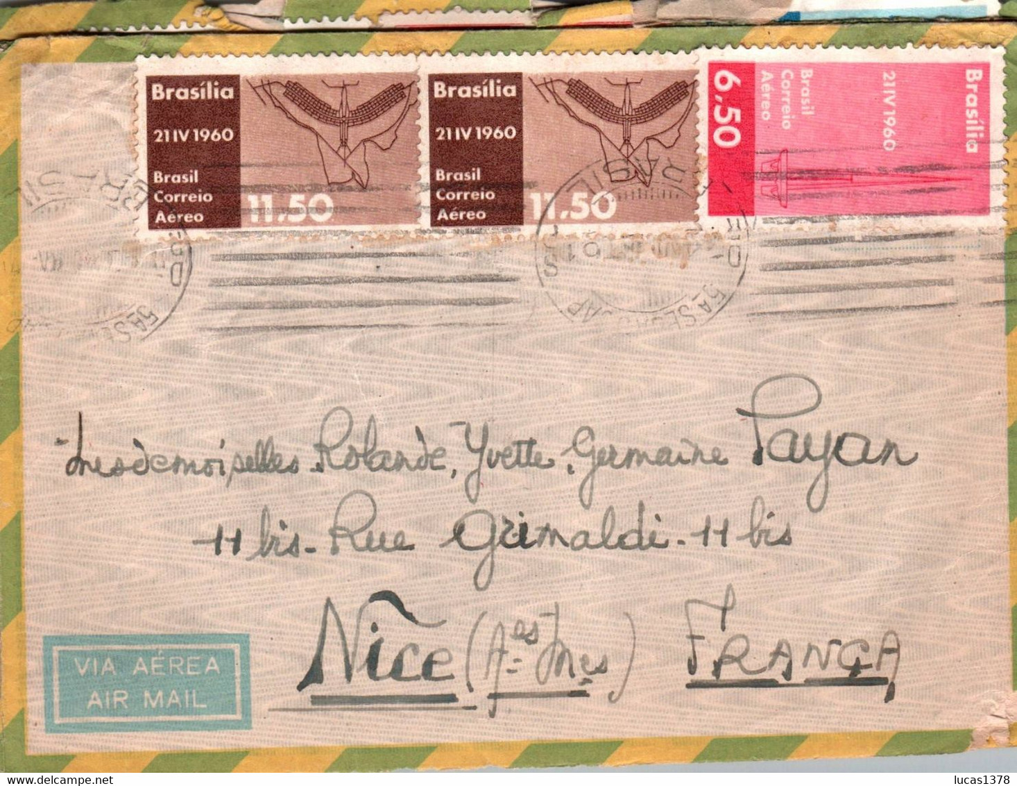 BRASIL / 1961 FOR NICE FRANCE  / VIA AEREA / AIR MAIL / PICTURE ON BACK / NICE STAMPS - Covers & Documents