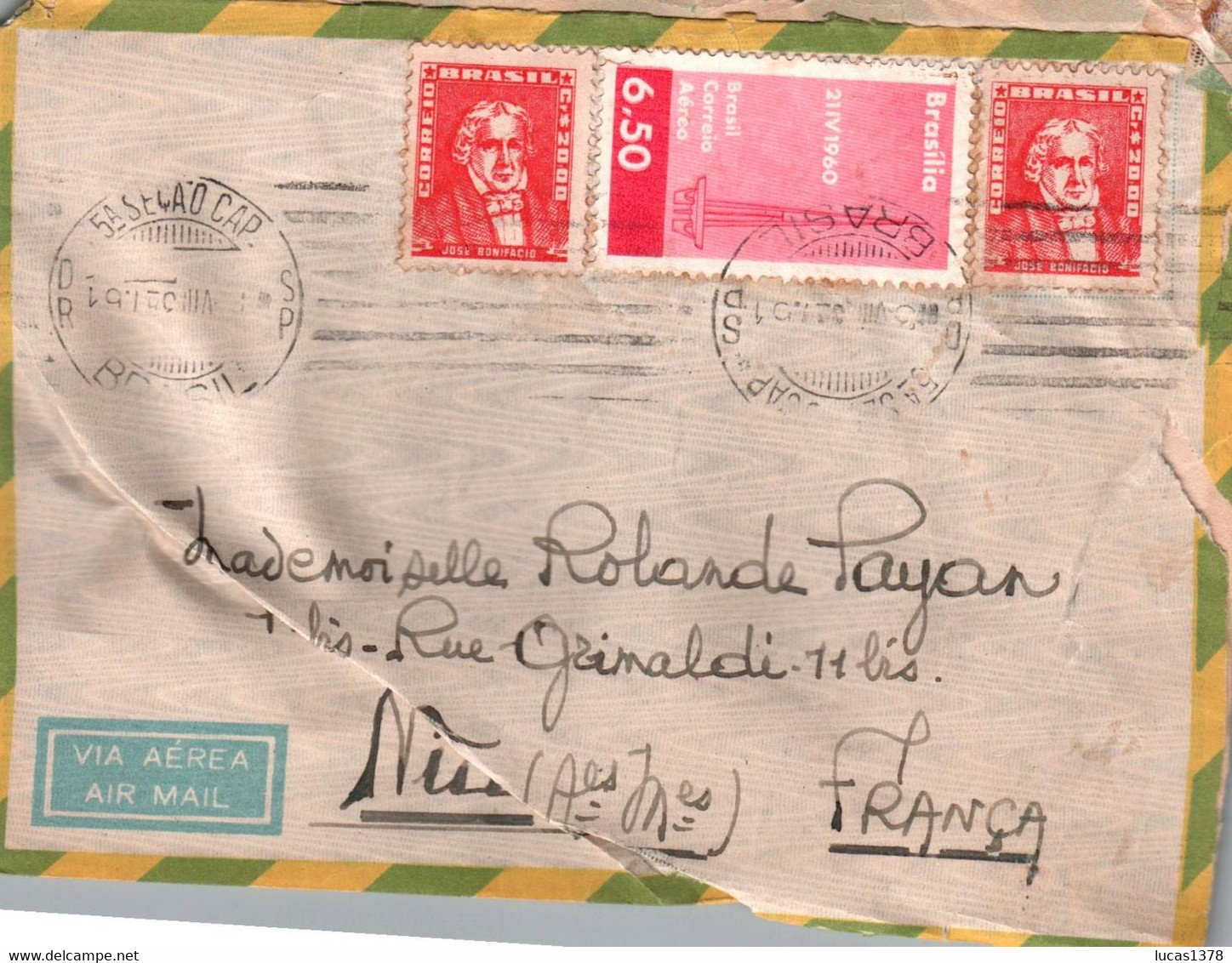 BRASIL / 1961 FOR NICE FRANCE  / VIA AEREA / AIR MAIL / PICTURE ON BACK / NICE STAMPS - Storia Postale