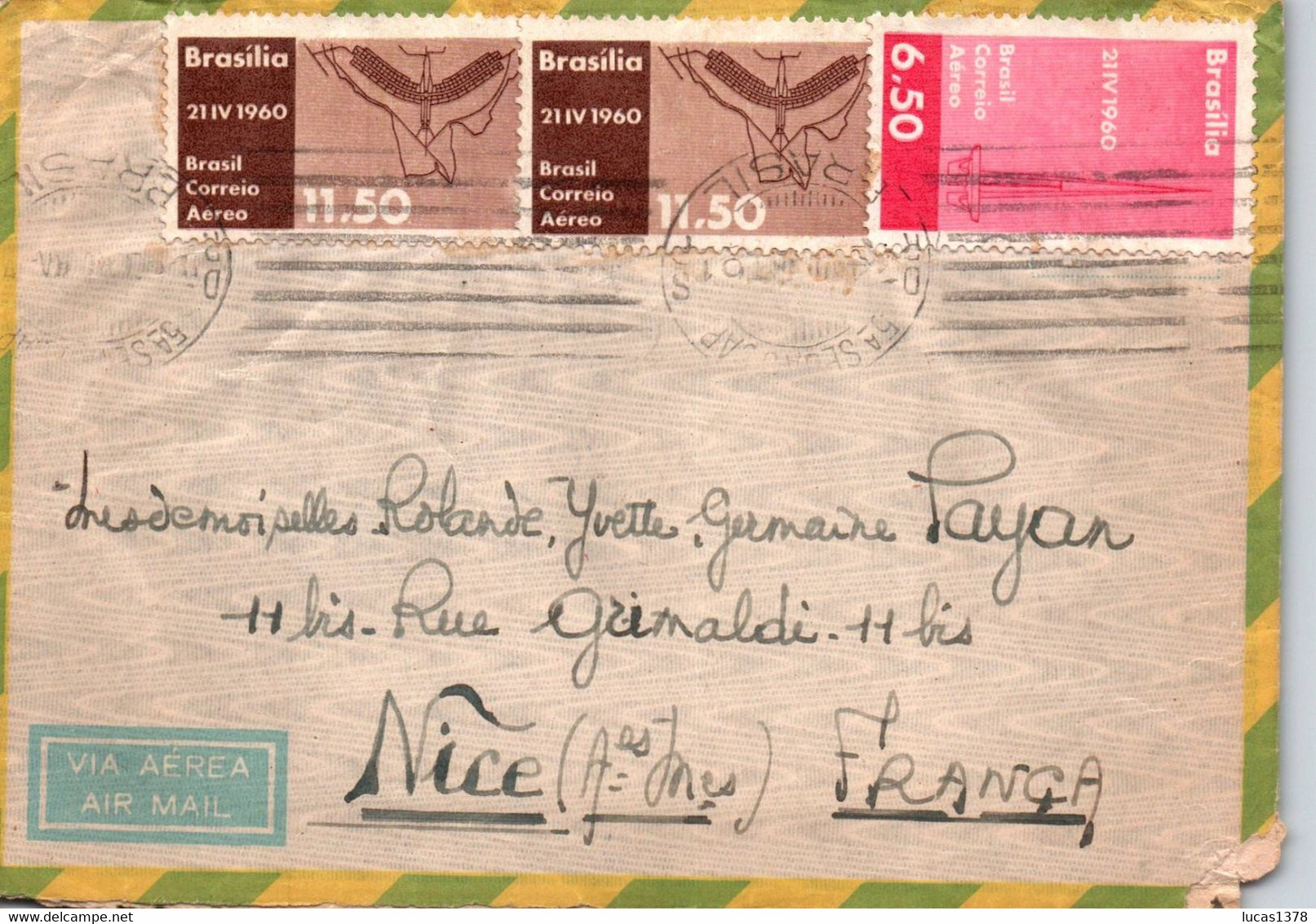 BRASIL / 1961 FOR NICE FRANCE  / VIA AEREA / AIR MAIL / PICTURE ON BACK / NICE STAMPS - Covers & Documents