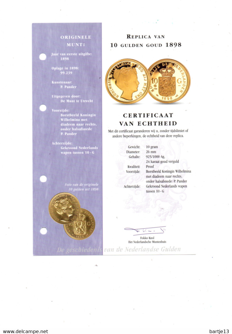 NEDERLAND 10 GULDEN GOUD 1898 WILHELMINA REPLICA PROOF ZILVER 24 KARAAT GOUD VERGULD Met Certificaat - 10 Gulden