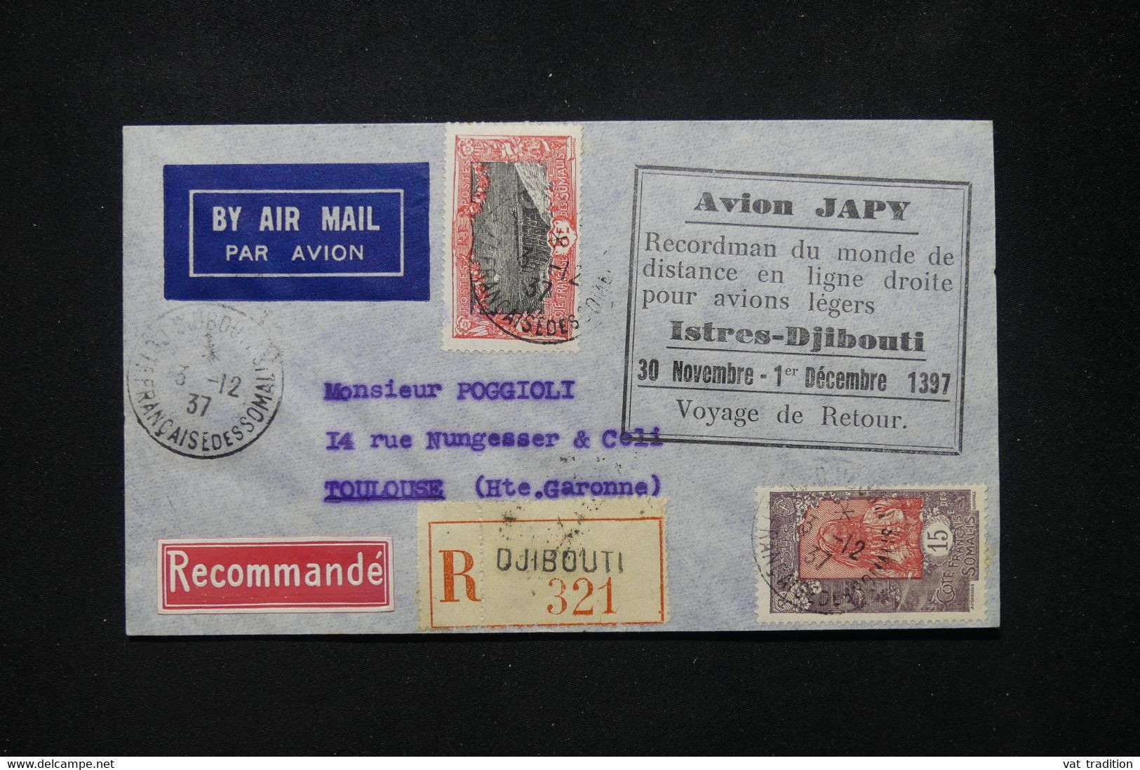 CÔTE DES SOMALIS - Enveloppe En Recommandé Pour Toulouse Par Vol Retour Istres / Djibouti En 1937 , Avion Japy - L 80104 - Sonstige & Ohne Zuordnung