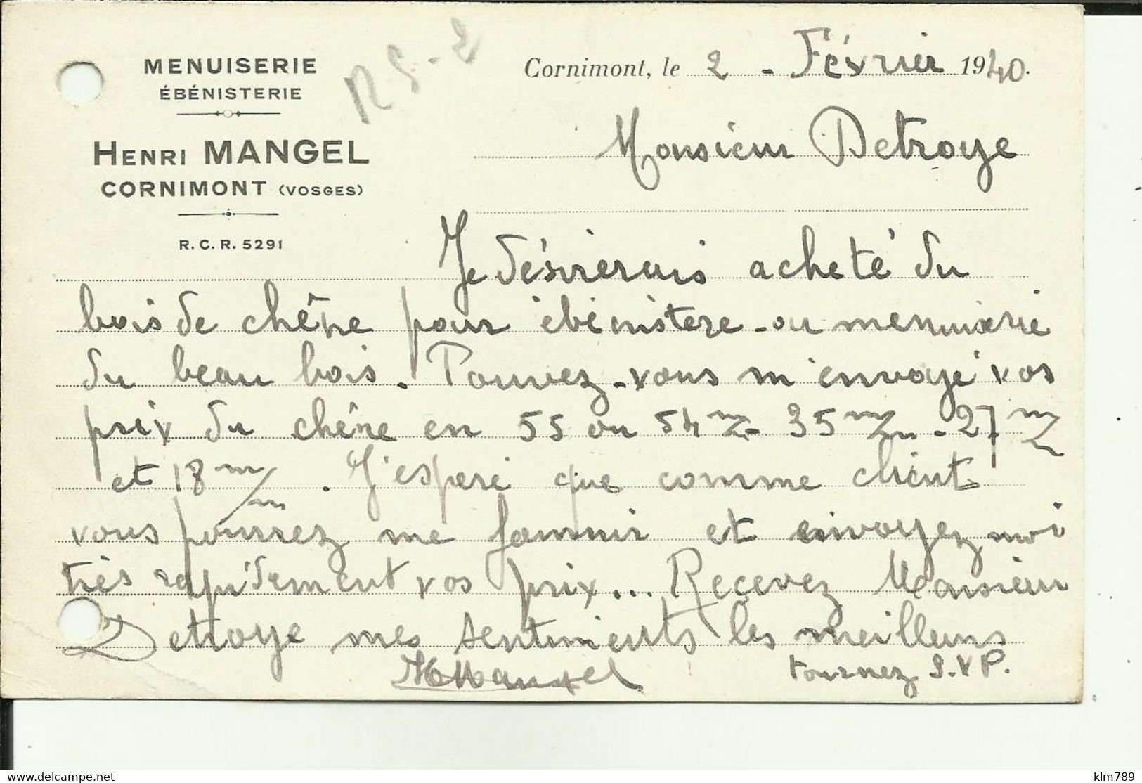 88 - Vosges - Cornimont - Carte Henri Mangel - Menuiserie - Ebénisterie - Carte Pub. - Cornimont