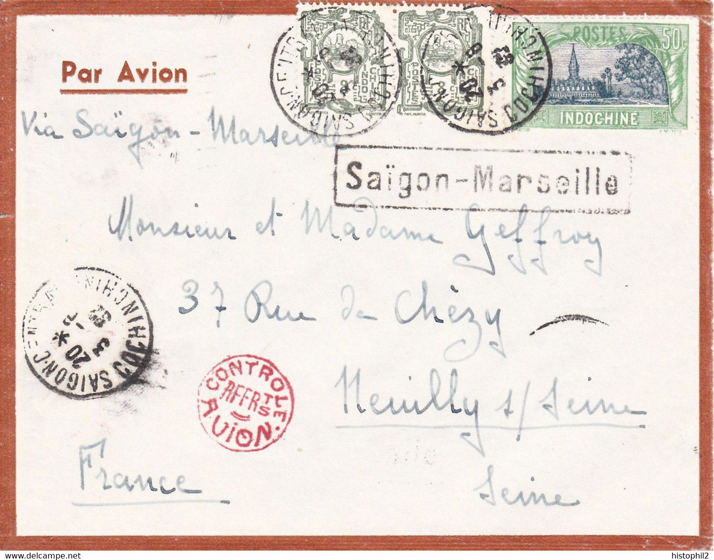 Indochine Lettre Par Avion De Saigon 3/6/1932 Pour Neuilly Cachet De Contrôle Tarif Surtaxe + Griffe De Liaison Aérienne - Storia Postale