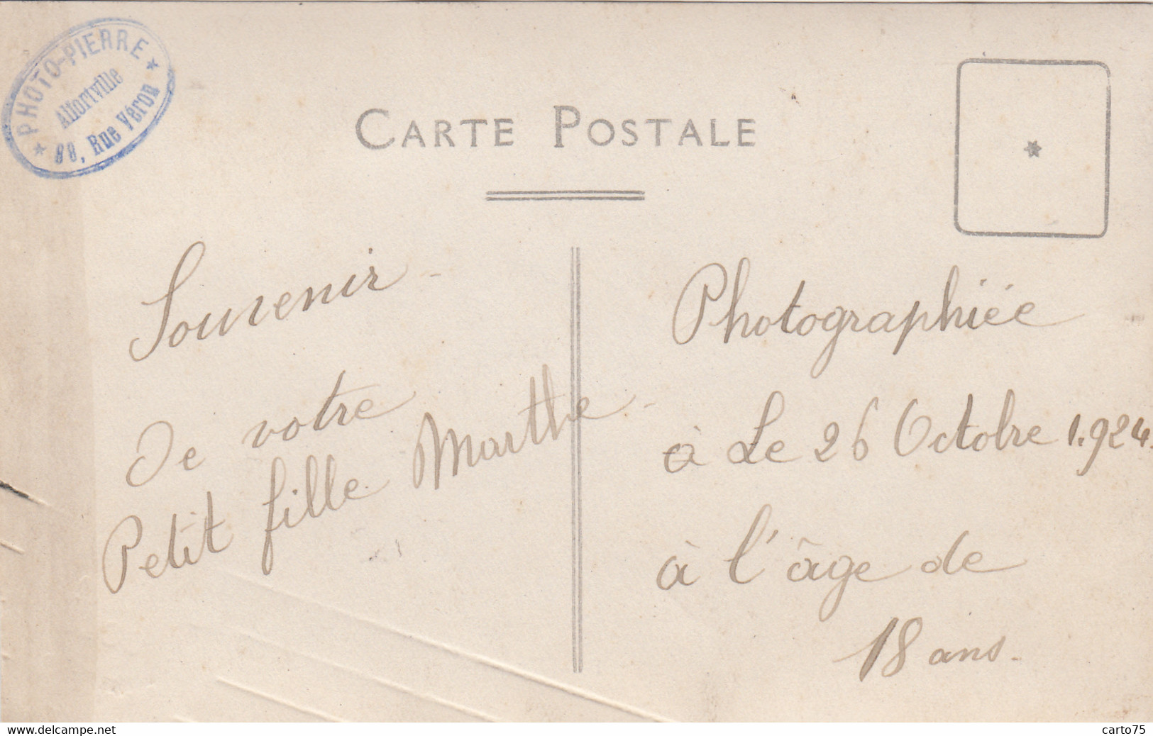 Photographie - Carte-Photo Jeune Fille - Montre Bracelet 1924 - Studio Photo-Pierre 88 Rue Véron 94 Alfortville - Photographs