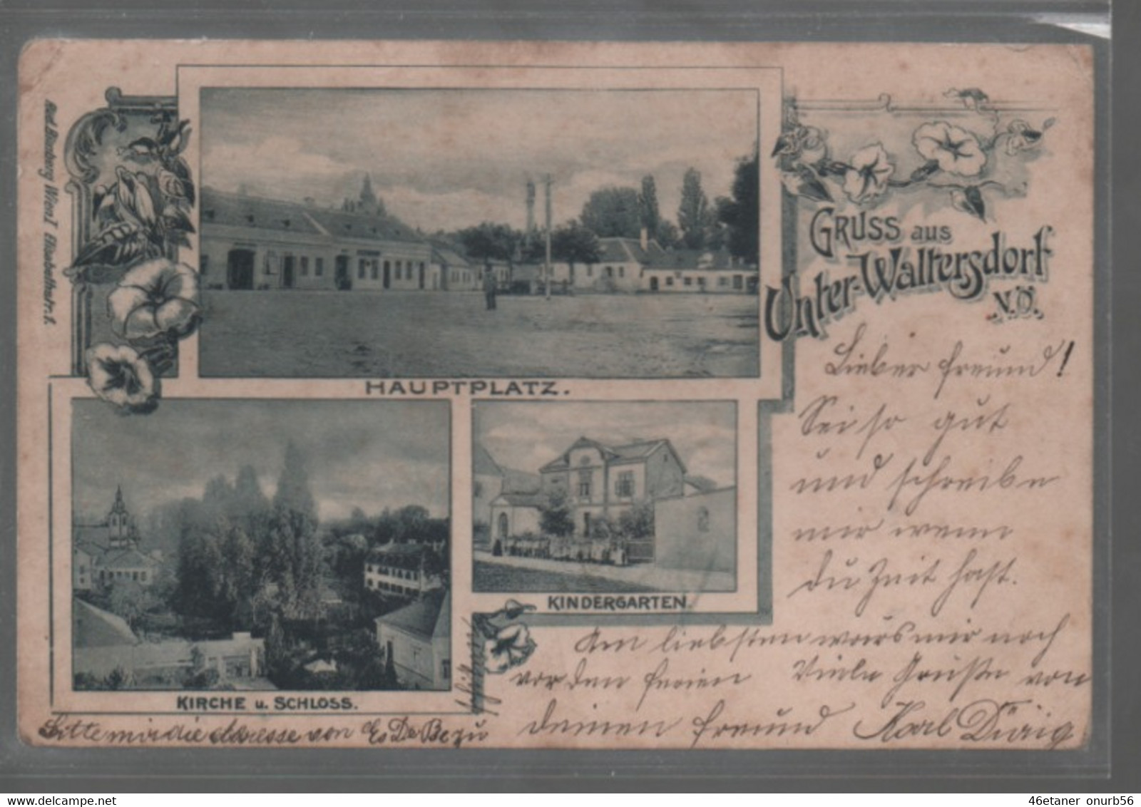 Gruss Aus Unterwaltersdorf Hauptplatz Kindergarten Kirche Und Schloss 1899 Gelaufen - Baden Bei Wien