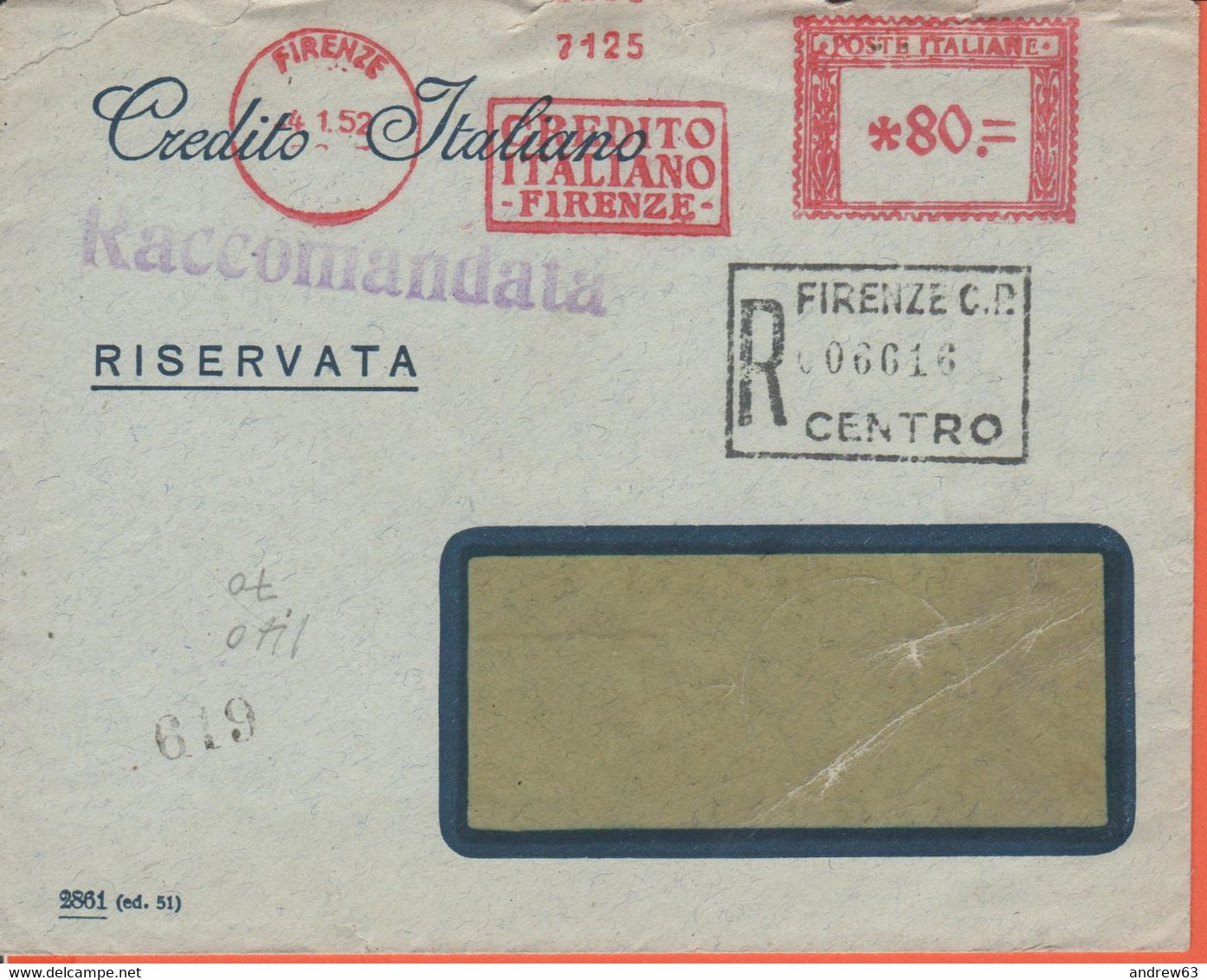 ITALIA - ITALY - ITALIE - 1952 - 80 EMA,Red Cancel - Banca Credito Italiano - Raccomandata - Busta + Estratto Conto - Vi - Franking Machines (EMA)