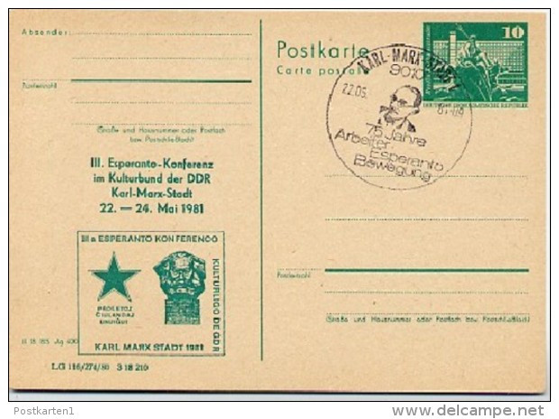 DDR P79-17-81 C151 Postkarte PRIVATER ZUDRUCK Esperanto-Konferenz Karl-Marx-Stadt Sost. 1981 - Privé Postkaarten - Gebruikt