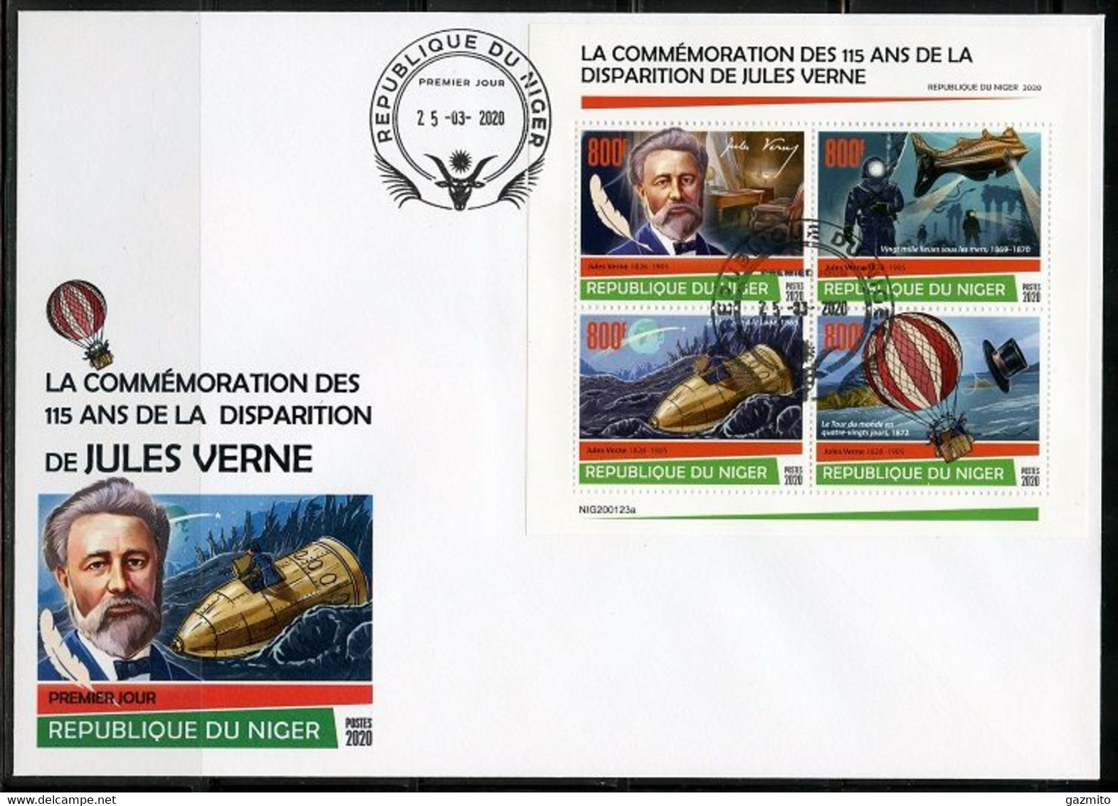 Niger 2020, J. Verne, Diving, Submarine, Baloon, 4val In BF In FDC - Tauchen