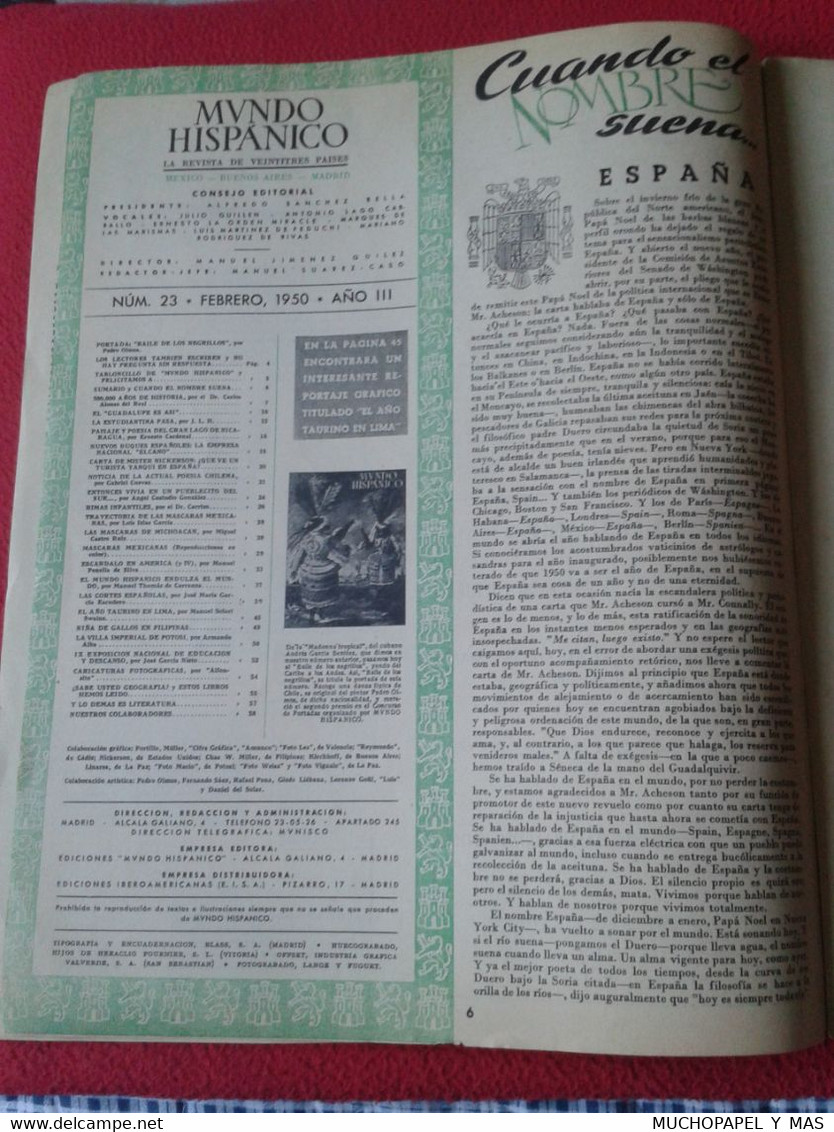 SPAIN ESPAGNE REVISTA MAGAZINE MUNDO HISPÁNICO AÑO III NÚM. 23 FEBRERO DE 1950, 60 PÁGINAS TOROS, ESTUDIANTINA CORTES...