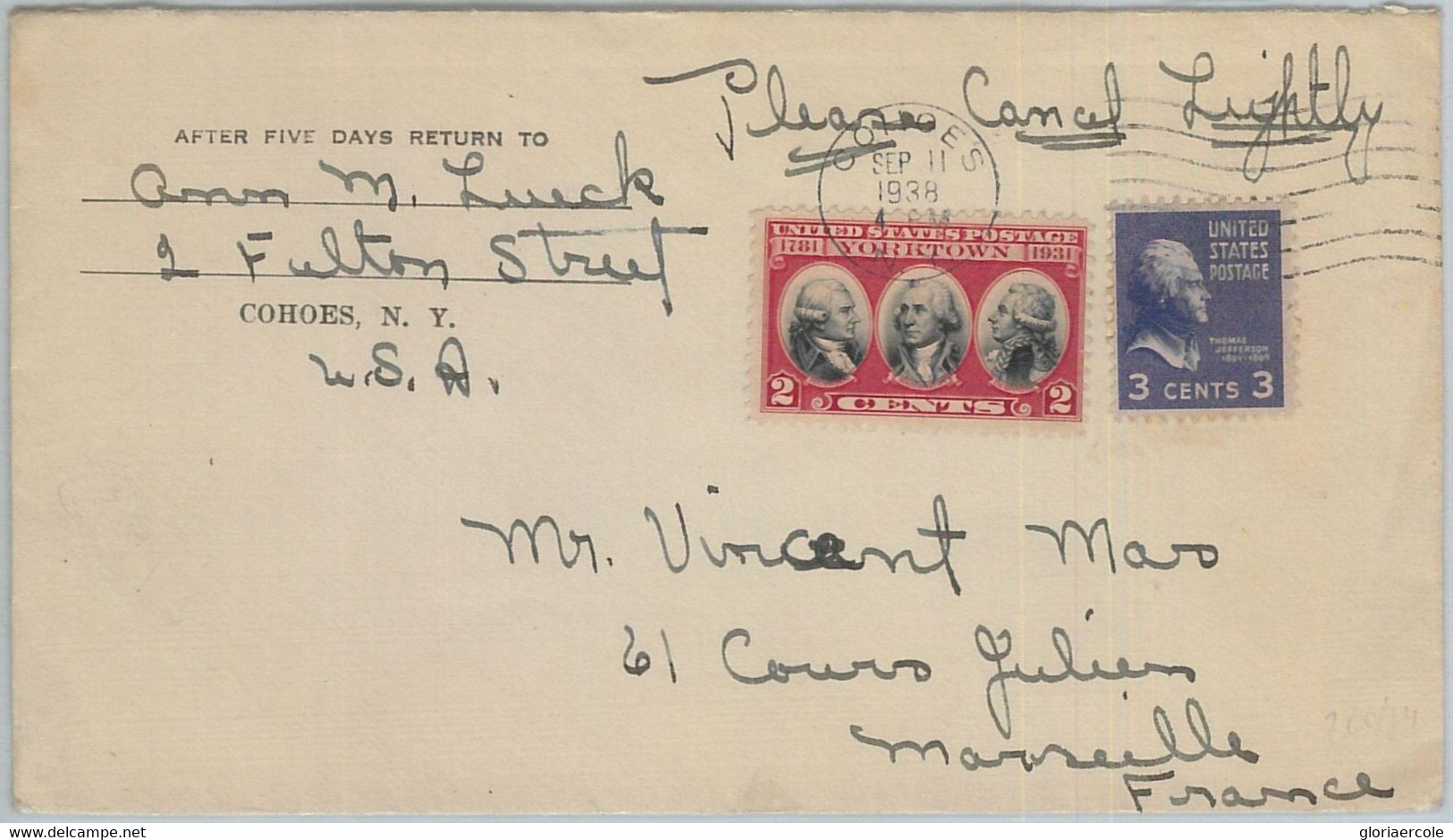 71749 - USA - POSTAL HISTORY - COVER From COHOES, NY  To FRANCE 1938 - 1941-60