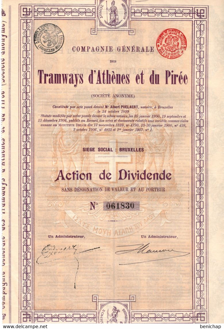 Action De Devidende - Compagnie Générale Des Tramways D'Athènes Et Du Pirée - Bruxelles 1907. - Ferrocarril & Tranvías