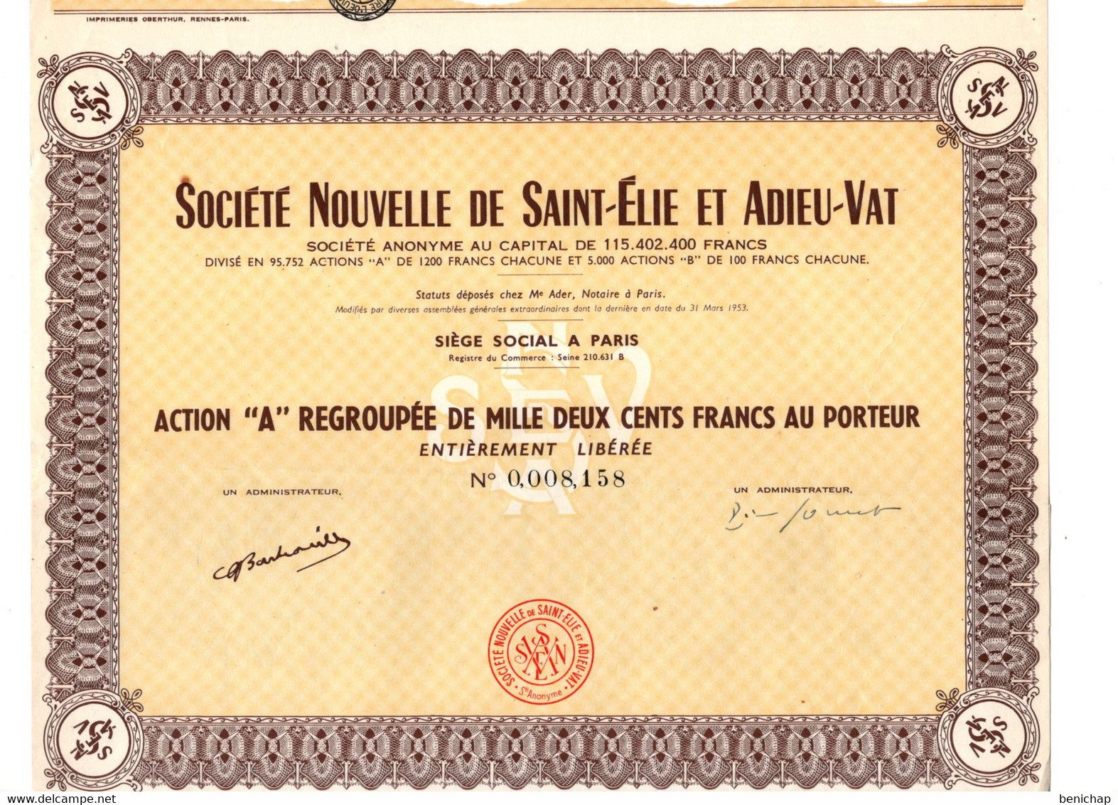 Action A Regroupée De 1200 Frcs Au Porteur - Société Nouvelle De Saint-Elie Et Adieu-Vat - Paris 1953. - Industrie