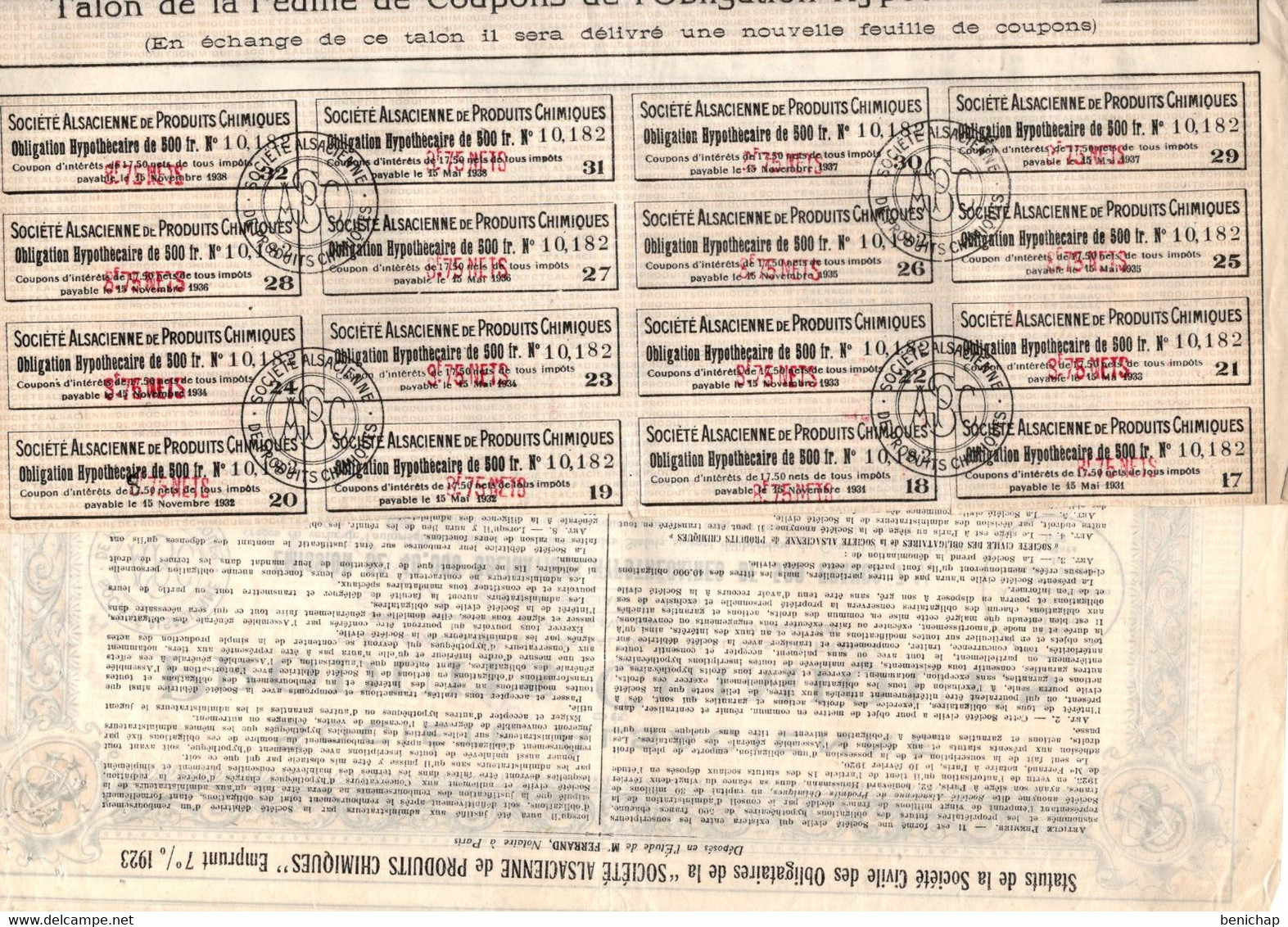 Obligation Hypothécaire De 500 Frcs - 7 % -  Société Alsacienne De Produits Chimique - Paris 1920. - Industrie