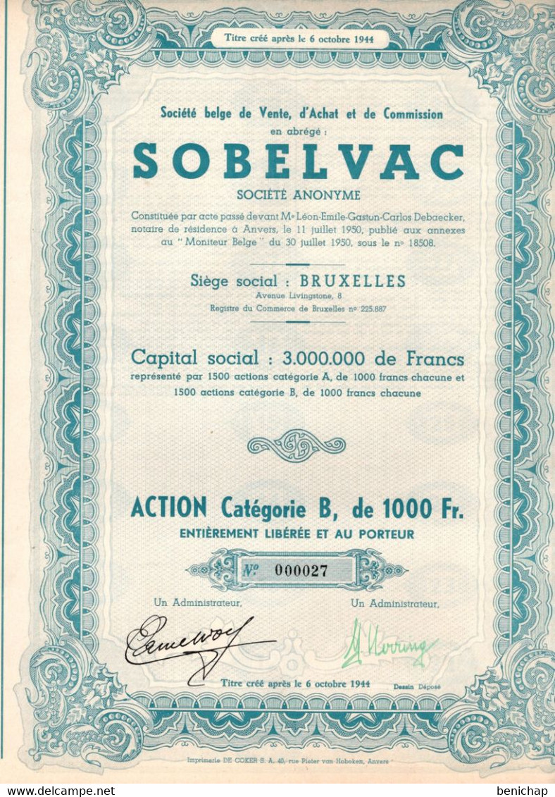 Action Catégorie B De 1000 Frcs Au Porteur -Société Belge De Vente, D'Achat Et De Commission - SOBELVAC - Bruxelles 1950 - Banca & Assicurazione