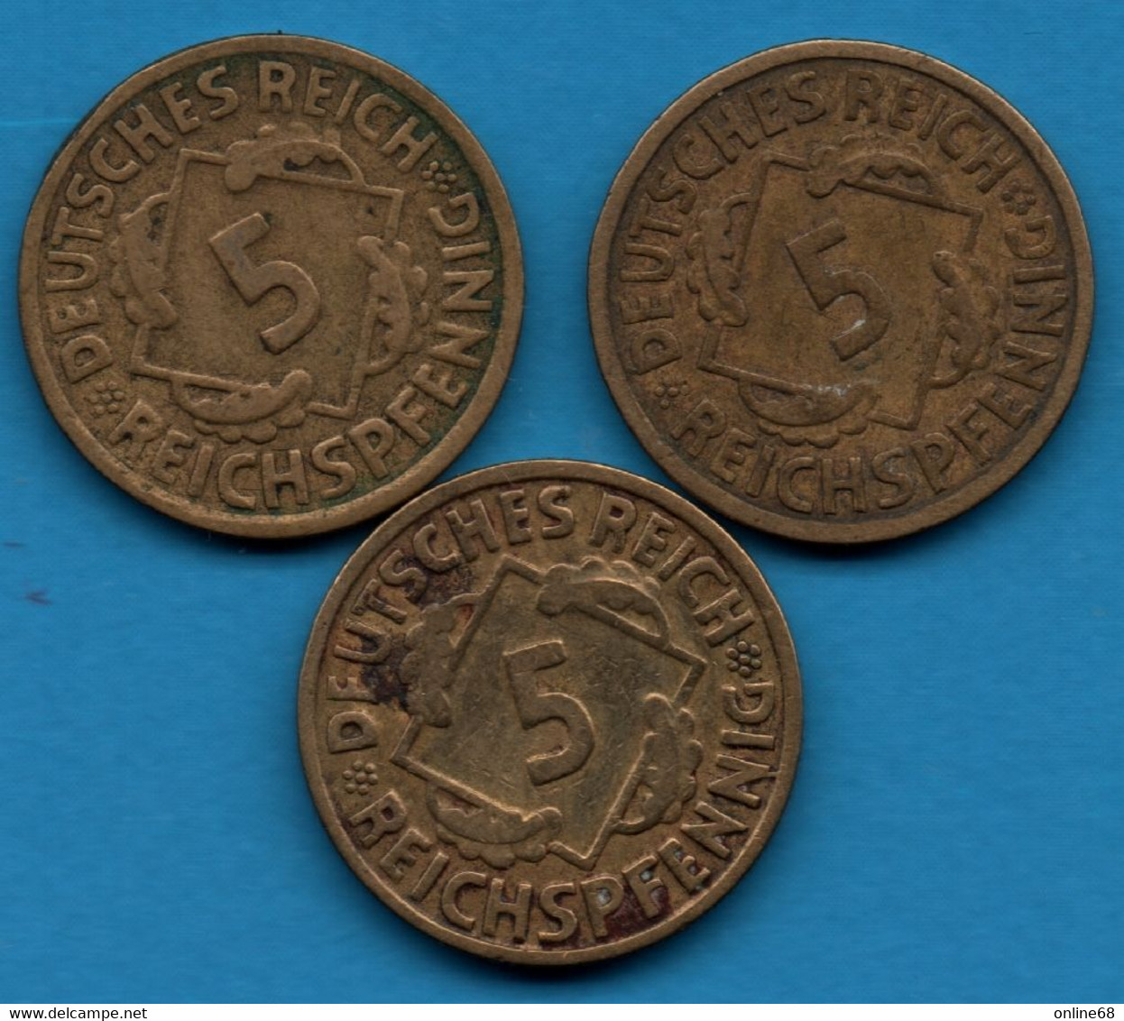 DEUTSCHES REICH LOT 3 X  5 Reichspfennig 1925 A+F+G  KM# 39  	Weimar Republic - 5 Rentenpfennig & 5 Reichspfennig