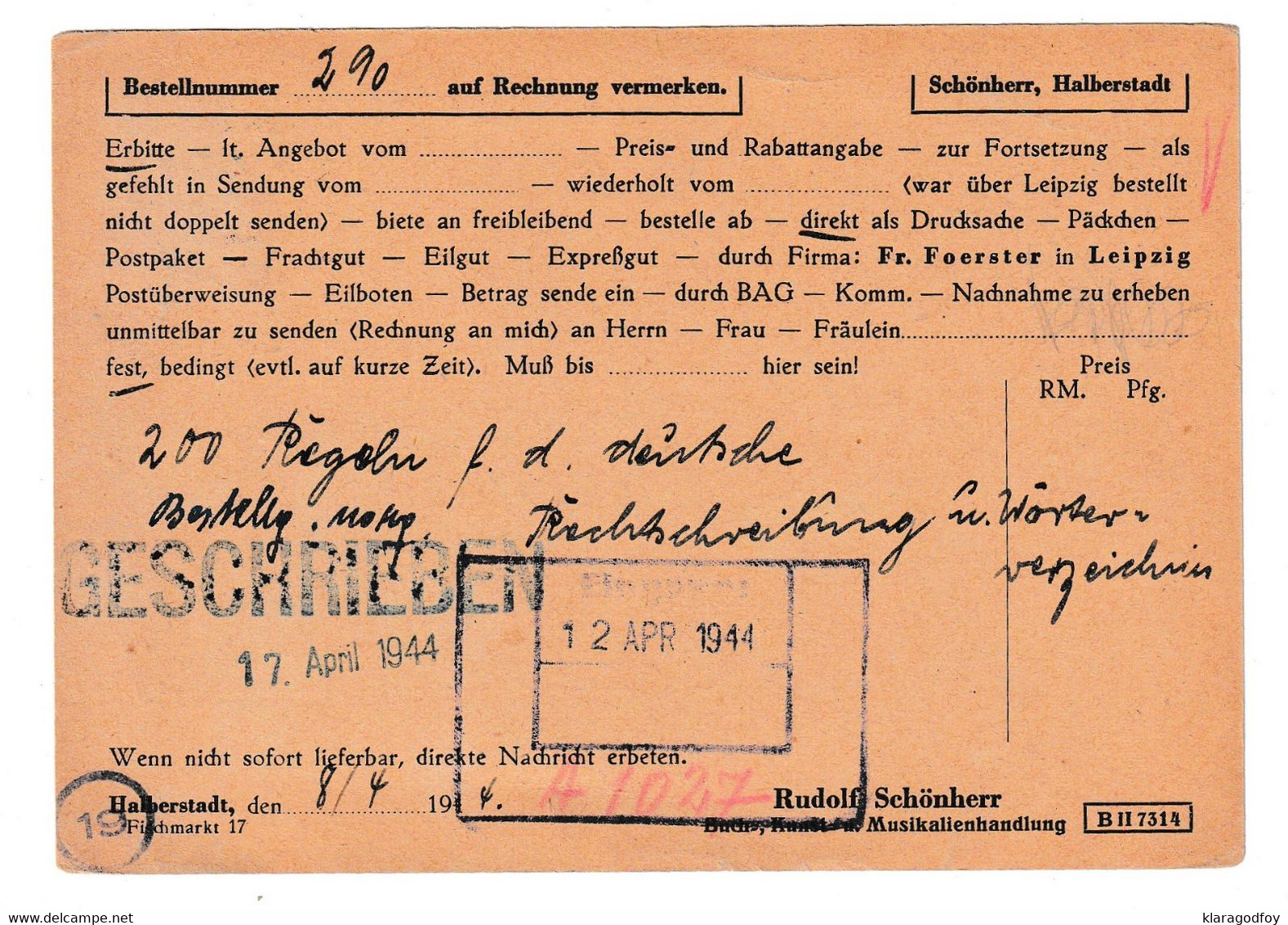 Bücher-Zettel Letter Card Posted 1944 Halberstadt Pmk B201110 - Covers & Documents