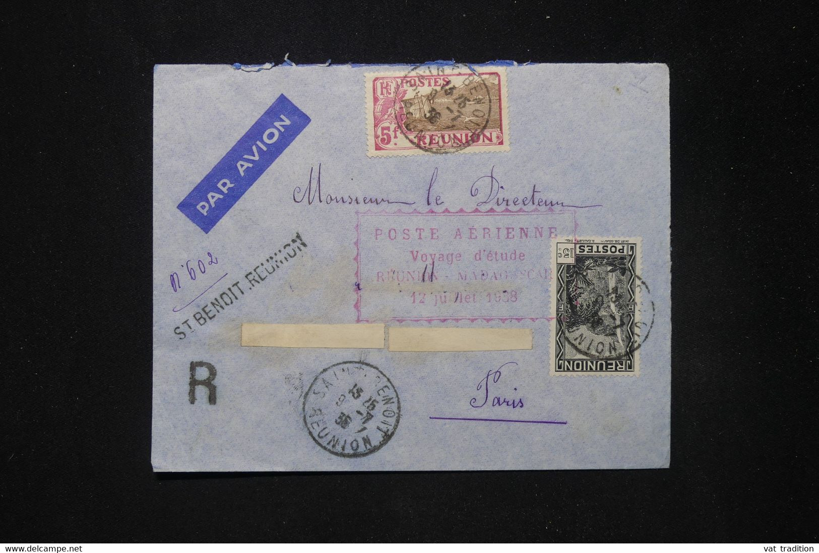 RÉUNION - Enveloppe En Recommandé De St Benoit Pour Paris ,cachet 1er Vol D'Etude Réunion / Madagascar En 1938 - L 80171 - Cartas & Documentos