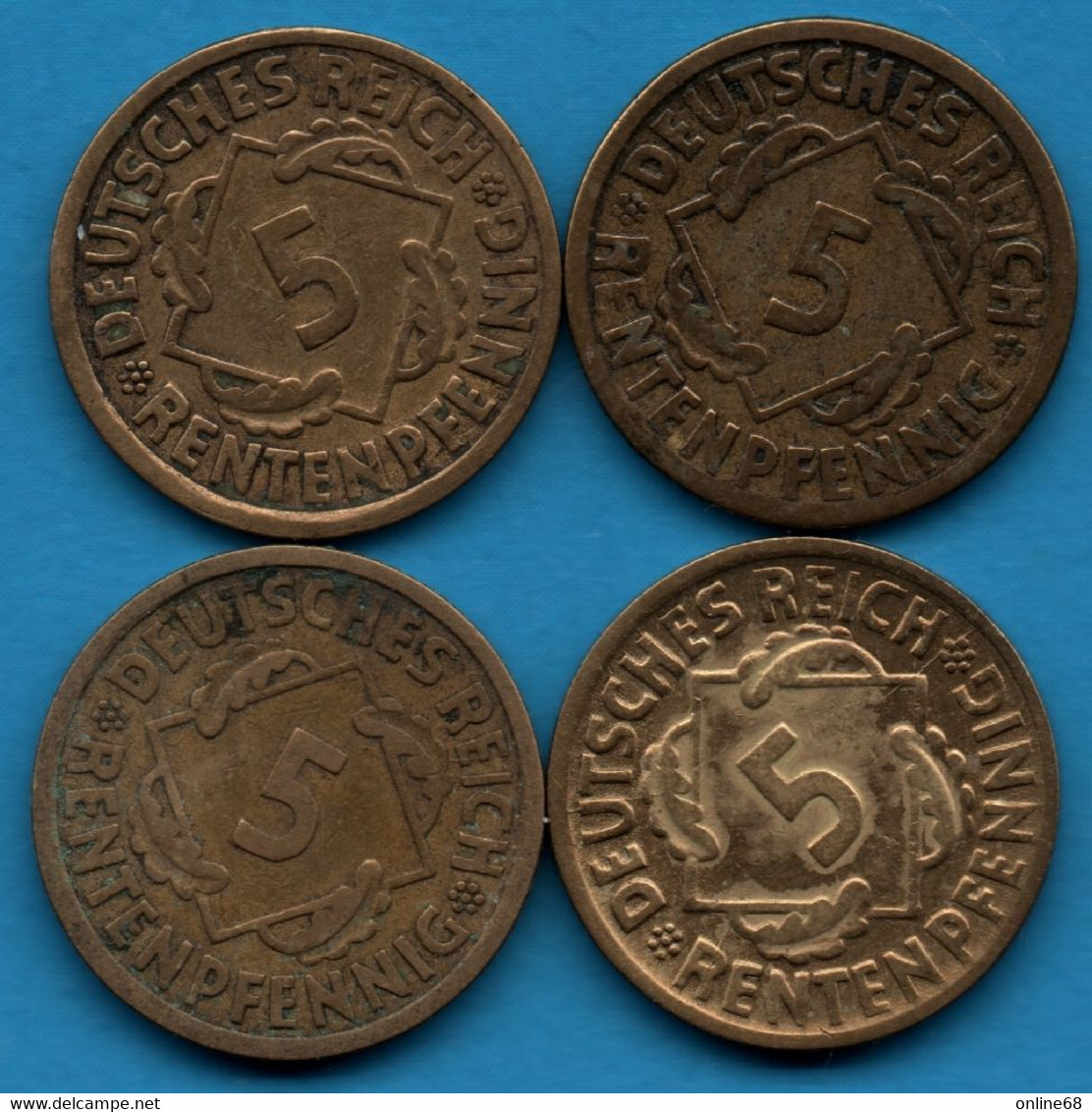 DEUTSCHES REICH LOT 4 X 5 Reichspfennig 1924 A+D+F+J  KM# 39  	Weimar Republic - 5 Rentenpfennig & 5 Reichspfennig