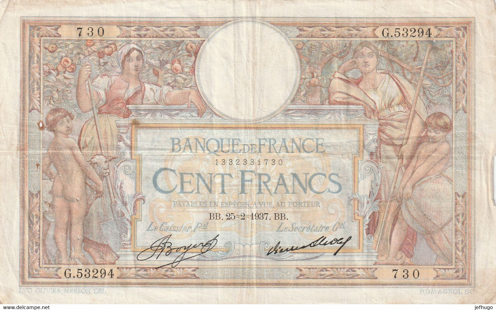 BILLET 100 FRANCS LUC OLIVIER MERSON   BB.25=2=1937.BB   N° 1332331730 . 730   G.53294 - 100 F 1908-1939 ''Luc Olivier Merson''