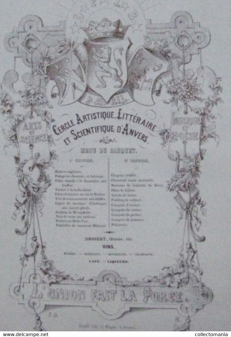 1 Carte Menu Porseleinkaart  Banquet  Cercle Artistique Littéraire & Scientifique D' Anvers Musique Poésie Arts Science - Porcelaine