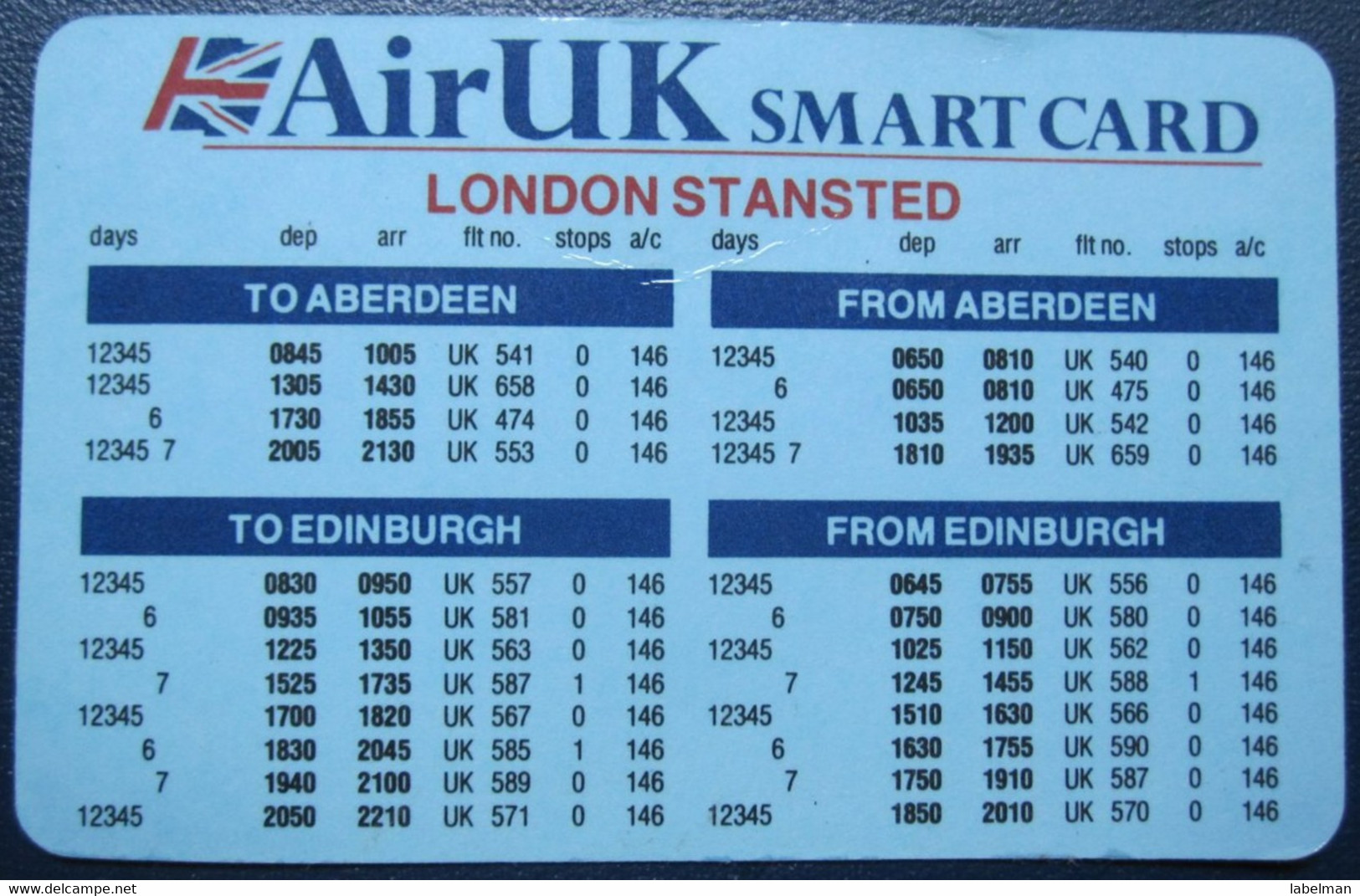AIR UK ENGLAND SCHEDULES CAR TICKET ADVERTISING AIRWAYS AIRLINE STICKER LABEL TAG LUGGAGE BUGGAGE PLANE AIRCRAFT AIRPORT - Mundo