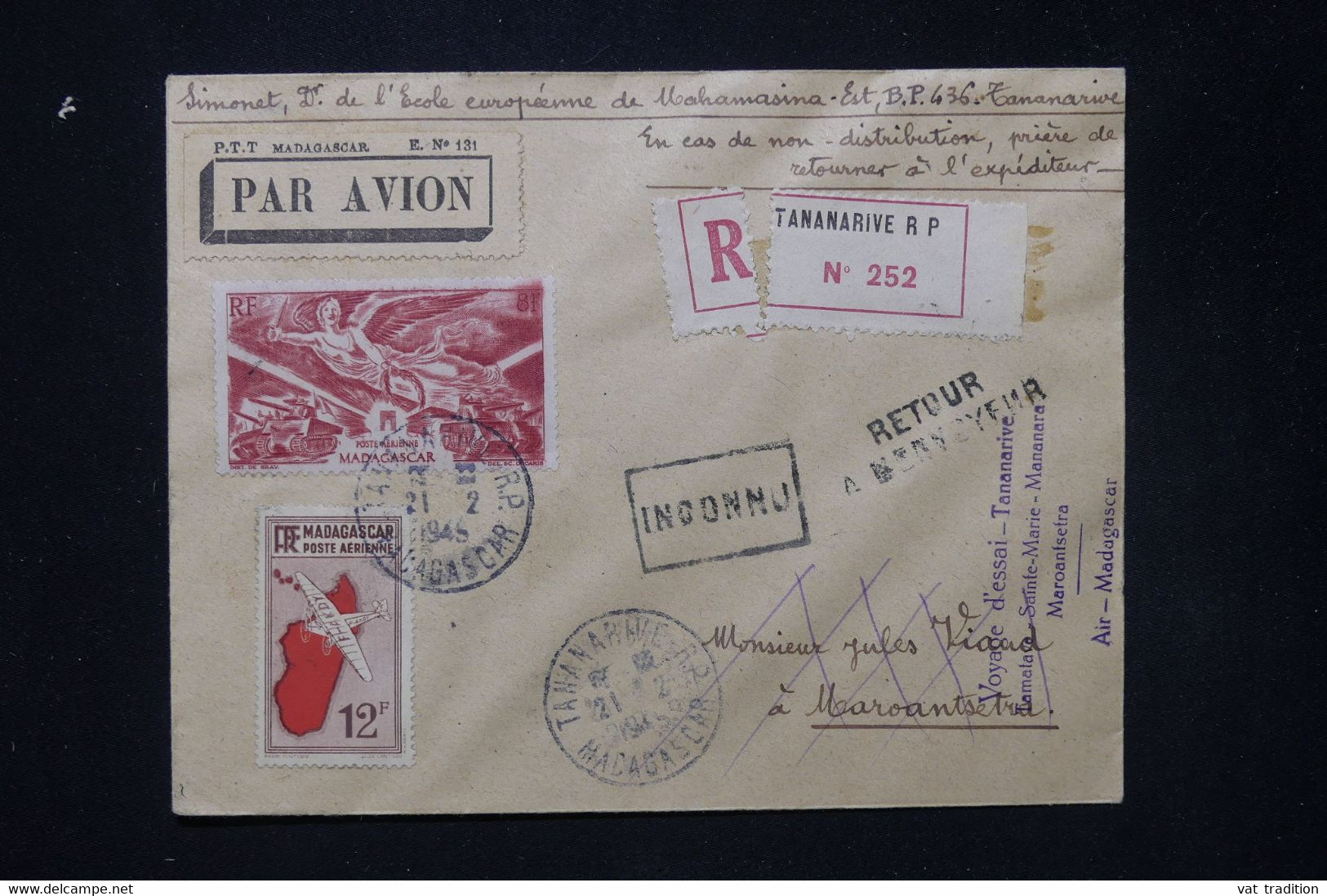 MADAGASCAR - Enveloppe En Reco. De Tananarive Pour Maroantsetra Du Voyage D'Essai Par Avion En 1949 - L 80206 - Lettres & Documents