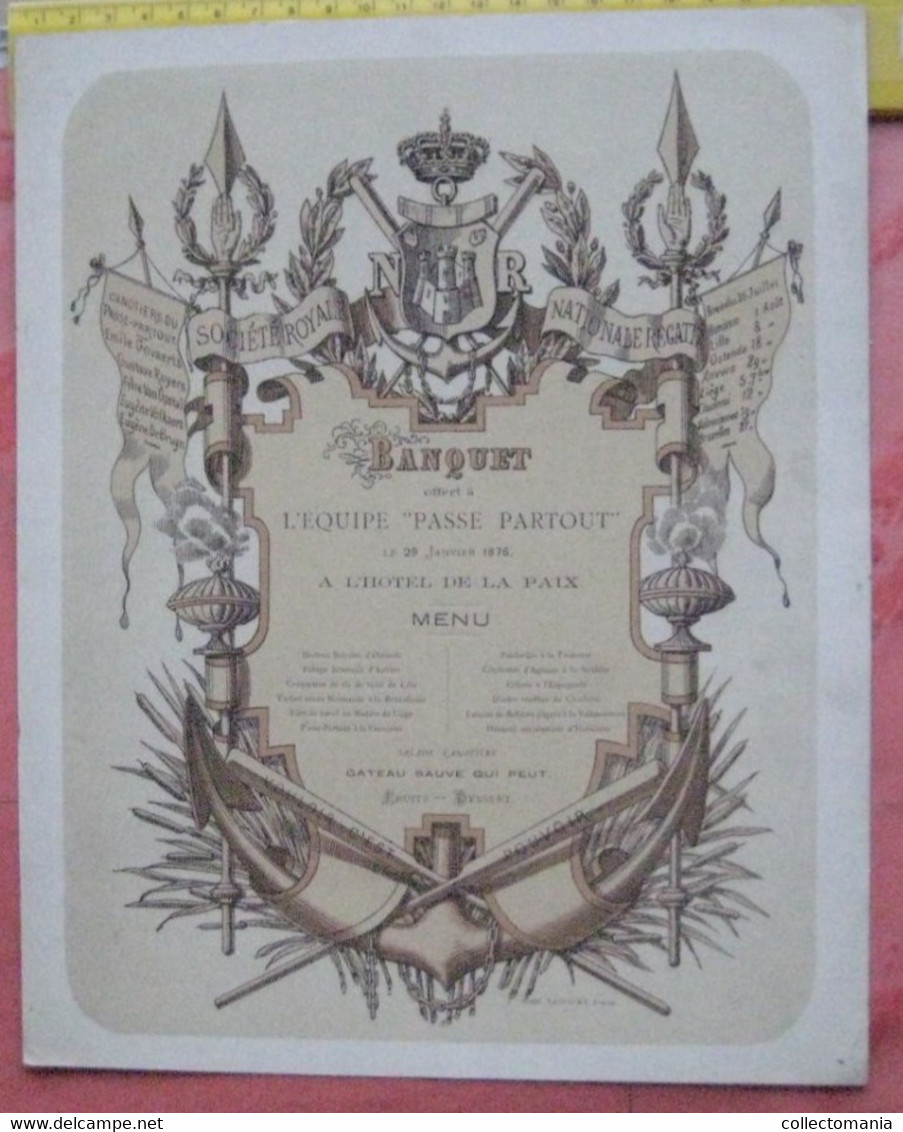 1 Carte Menu Banquet  Société Royale Nationale Regatta Offert à L'Equipe "Passe Partout" 1876  Lith; Ratinckx F 23x28cm - Porcelaine