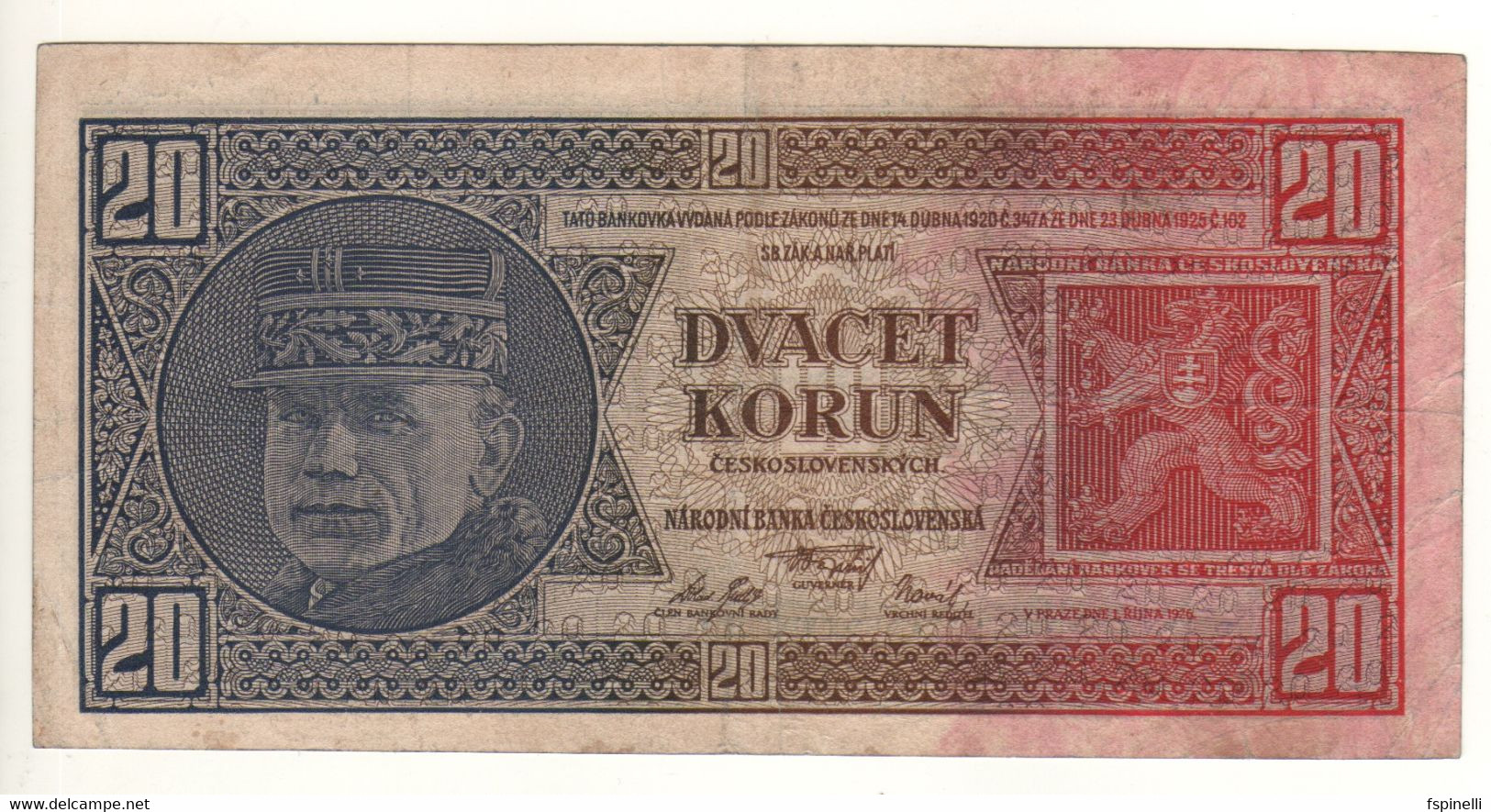 CZECHOSLOVAKIA   20 Korun   P21a    (1926  - General Milan Rastislav Stefánik / Dr. Alois Rasin ) - Czechoslovakia