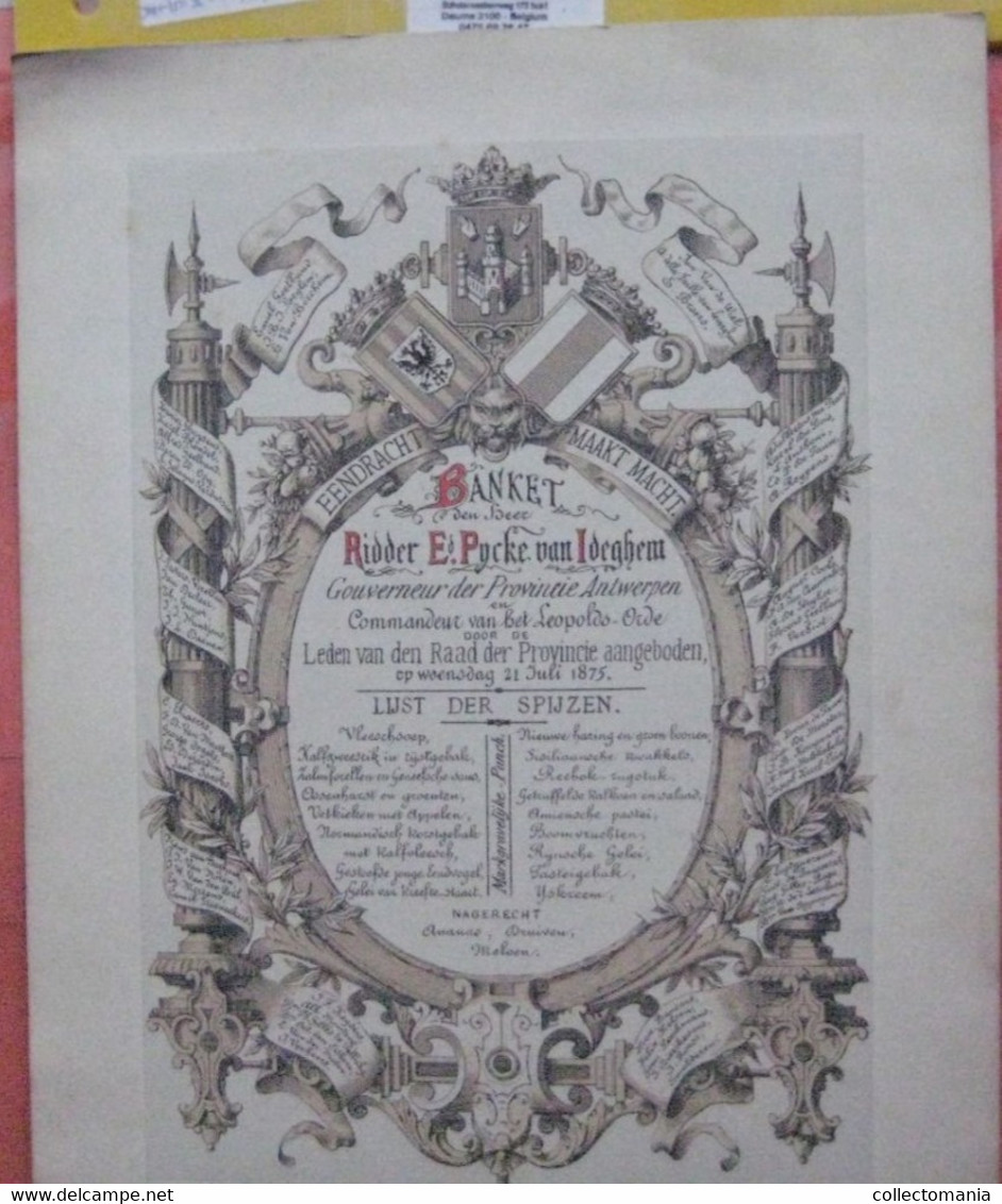 1 Carte Menu Banket  Offert à  Ridder Ed. Pycke  D'Ideghem Gouverneur Van De Provincie Antwerpen  1875  34x26cm - Porzellan
