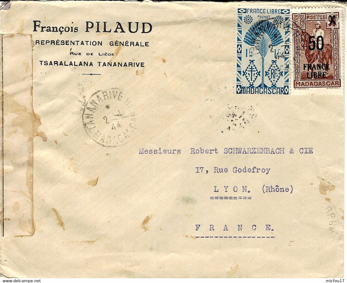 1944-;enveloppe De TANANARIVE Pour La France Affr. France Libre  Avec Contrôle Postal Avec Bande - Altri & Non Classificati