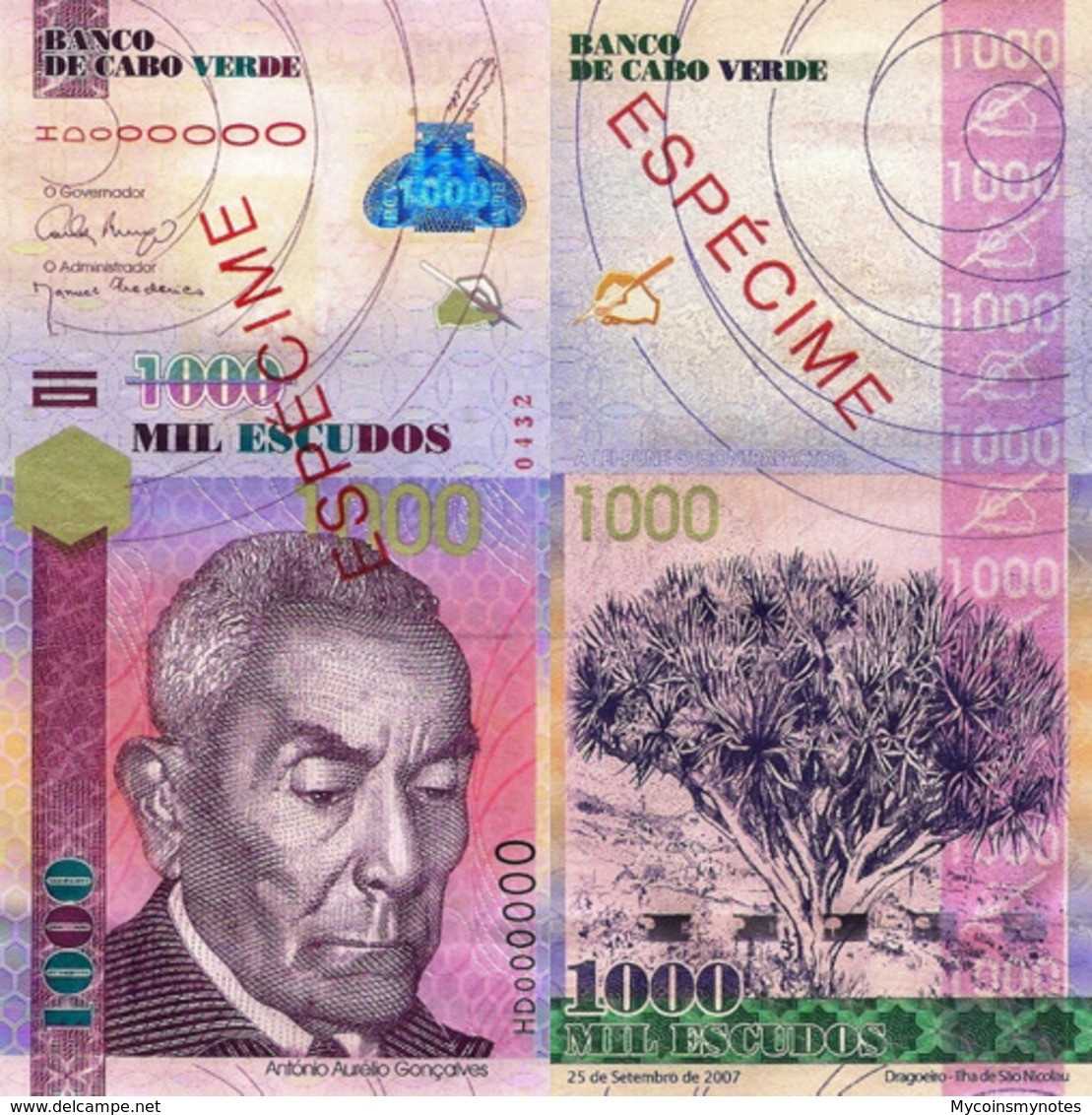 CAPE VERDE 1000 "SPECIMEN" ESCUDOS FROM 2007, P70s, UNC - Specimen