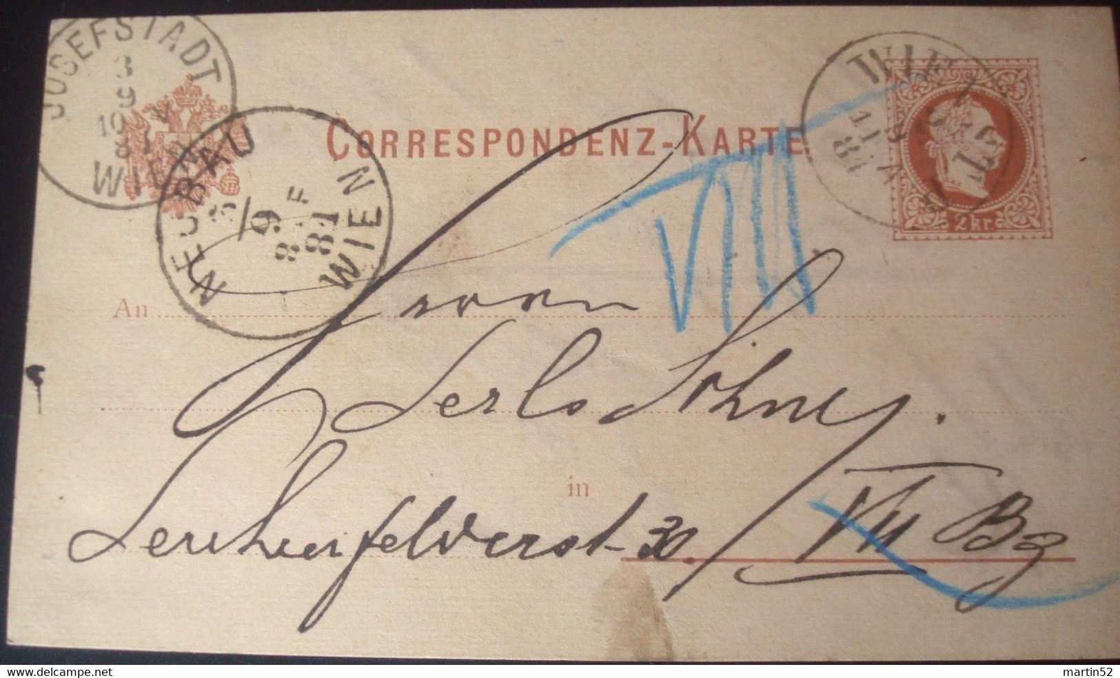 Austria Autriche Österreich 1881: PK 2 Kr Mit Stempel WIEN 2/9/81 über JOSEFSTADT 3/9/81 WIEN Nach NEUBAU 3/9/81 WIEN - Cartes Postales