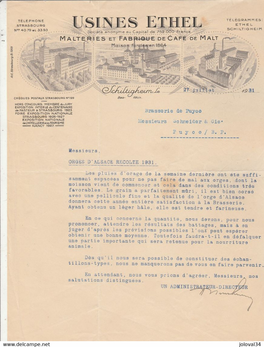 Lettre Illustrée 27/7/1931 Usines ETHEL Malteries Et Fabrique De Café De Malt SCHILTIGHEIM Bas Rhin - 1900 – 1949