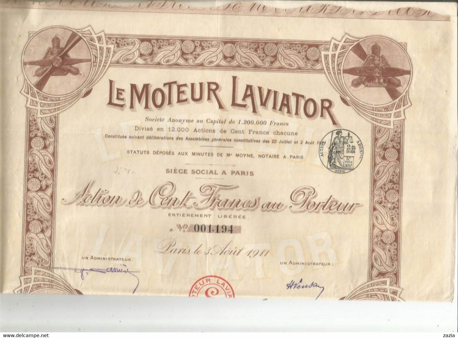 VP. 0866/ Action 100 Francs Au Porteur "Le Moteur Laviator" - 25 Coupons - Complet - Aviación