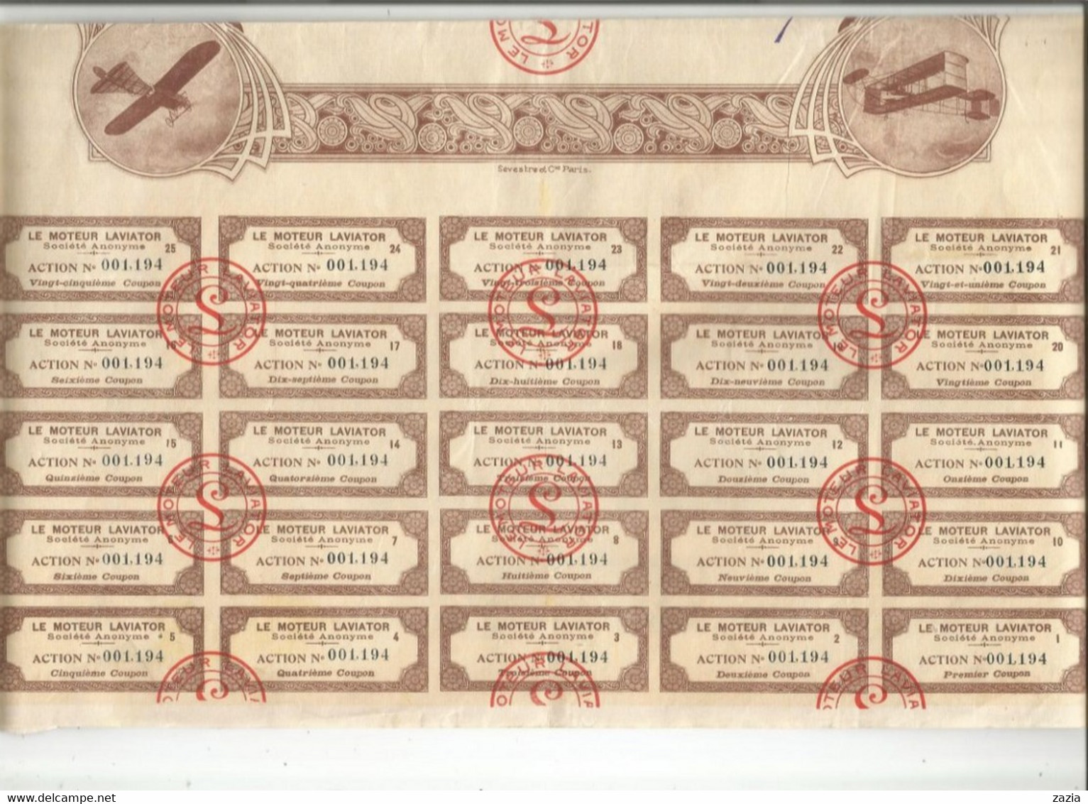 VP. 0866/ Action 100 Francs Au Porteur "Le Moteur Laviator" - 25 Coupons - Complet - Aviación