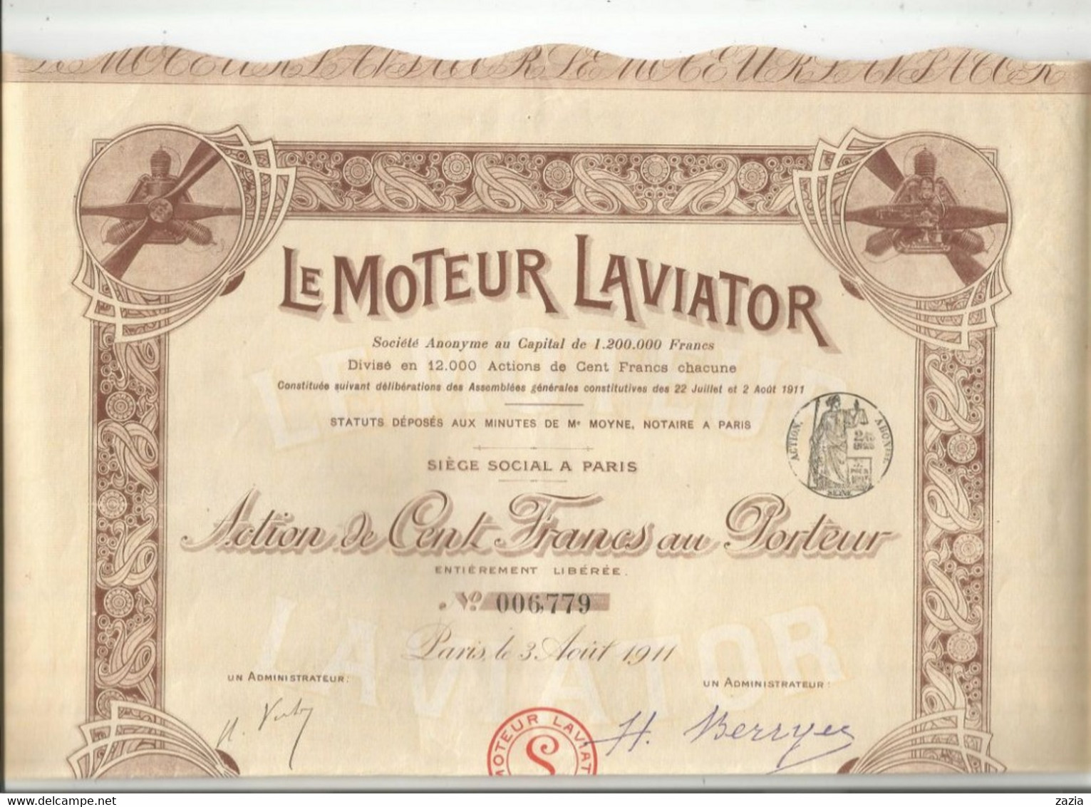 VP. 0868/ Action 100 Francs Au Porteur "Le Moteur Laviator" - 25 Coupons - Complet - Luchtvaart