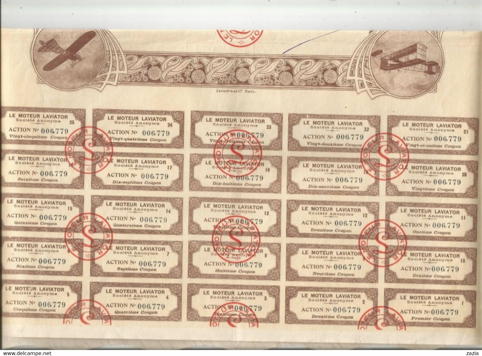 VP. 0868/ Action 100 Francs Au Porteur "Le Moteur Laviator" - 25 Coupons - Complet - Aviación