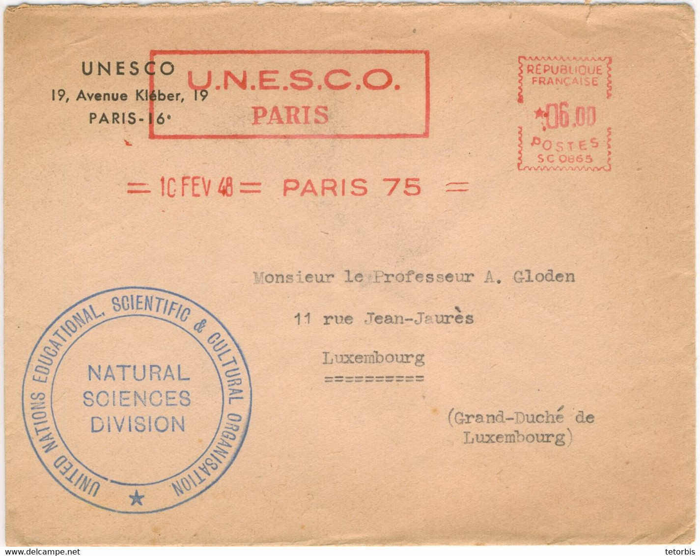 EMA 6F ENVELOPPE UNESCO TARIF PARTICULIER LETTRE POUR LE LUXEMBOURG 10/02/48 - EMA ( Maquina De Huellas A Franquear)