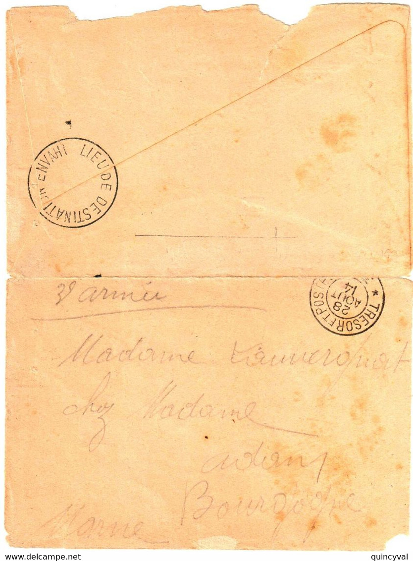 Trésor Et Postes 28 8 1914 Enveloppe Ouverte Marque Circulaire LIEU DESTINATION ENVAHI Dest Bourgogne Marne Exp 3° Armée - Guerre De 1914-18