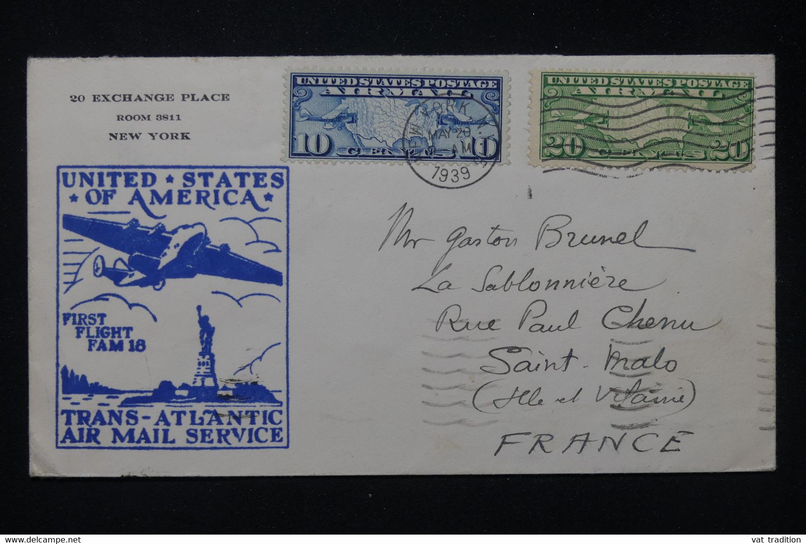 ETATS UNIS - Enveloppe 1er Vol Trans Atlantique De New York Pour La France En 1939 - L 80218 - Briefe U. Dokumente